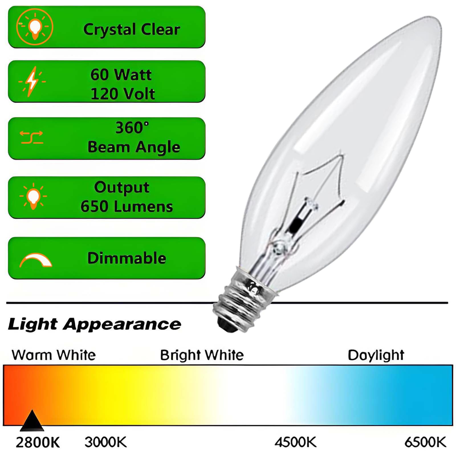E12 Candle Light Bulbs,60W Candelabra, B10 Clearbase Bulb With Warm White 2700K, 600 Lumen Dimmable, Ca10 Clear Candelabra Base