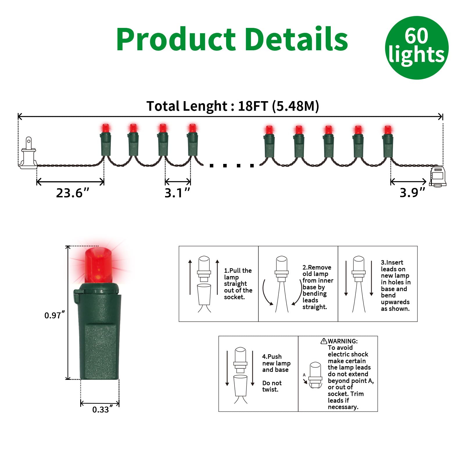 Lamphome 60 Count Red -String Lights - Led Christmas Lights, Mini Led Lights For Indoor Outdoor Home Holiday Party Wedding Independence Day Decoration