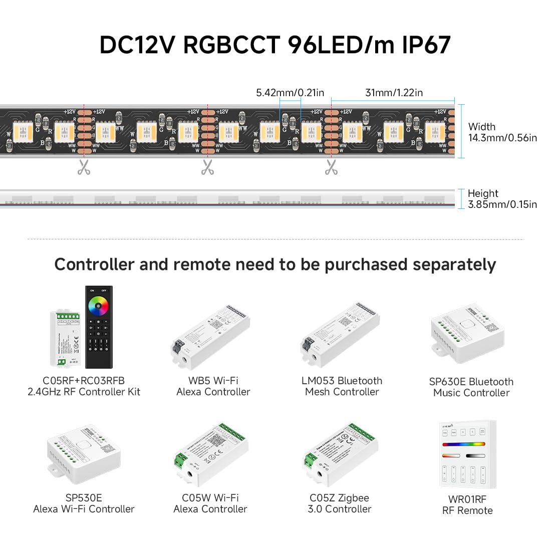 BTF-LIGHTING RGBCCT LED Tape Lights 16.4ft 5050SMD RGBWW Dimmable 2700K-6500K Black PCB IP67 HD-12