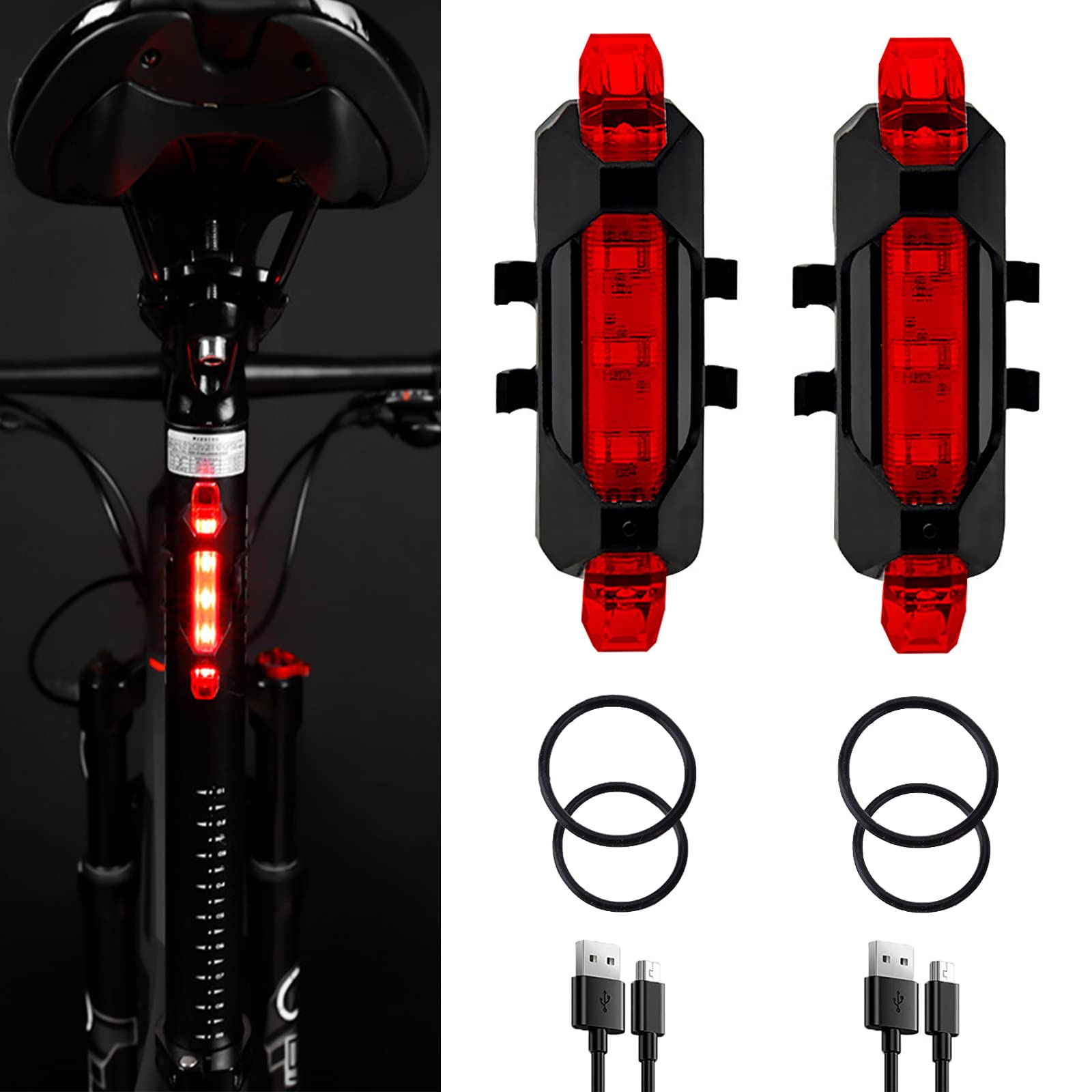 YUERWOVER 2 Pack USB Rechargeable LED Bicycle Rear Lights Cycling Bike Taillight Red Seat Back Safety Lamp Night Riding Essentia