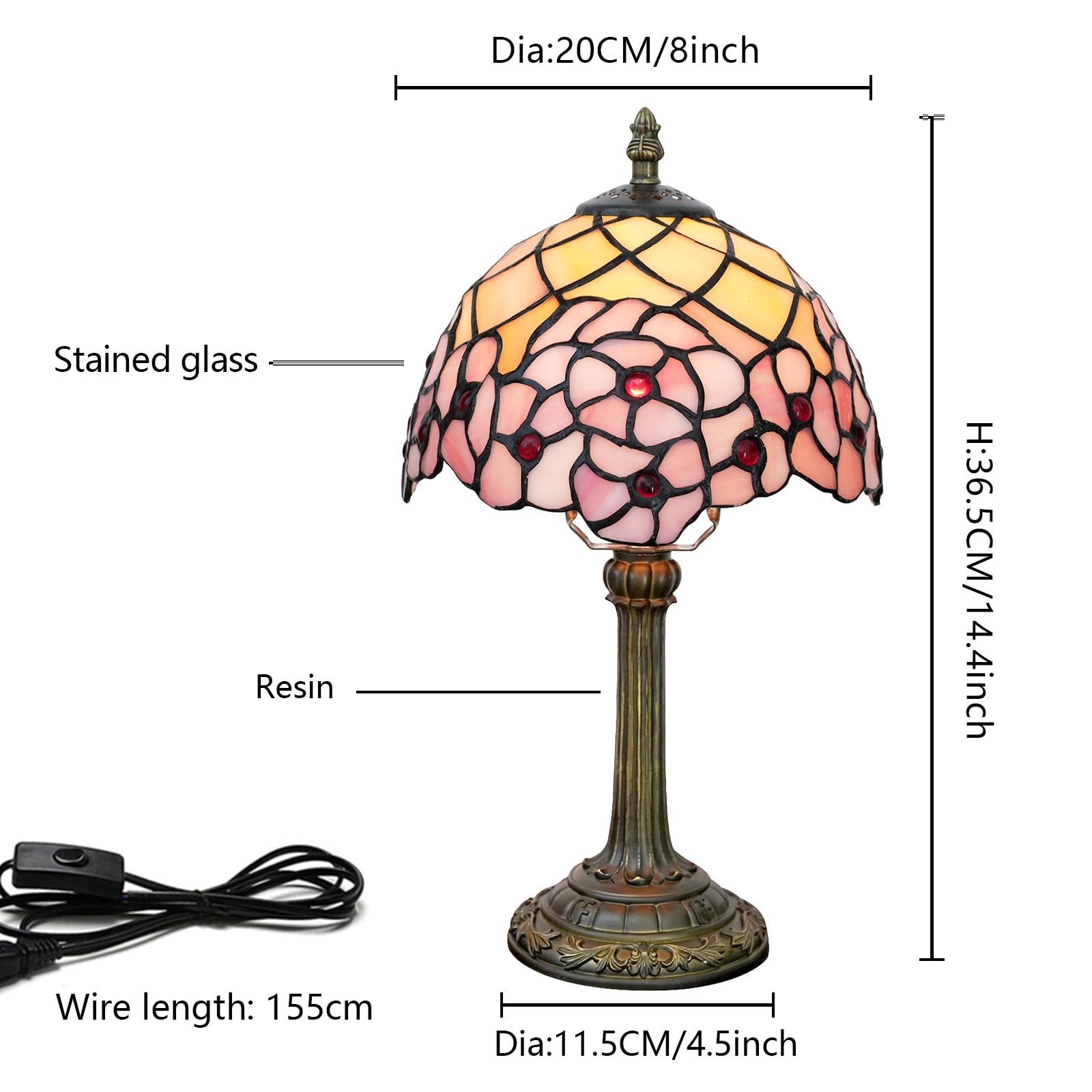wecrejoni Tiffany Lamp Stained Glass Table Lamp 8x8x14 Inches Cherry Blossom H-1055 for Bedroom Living Room Decor
