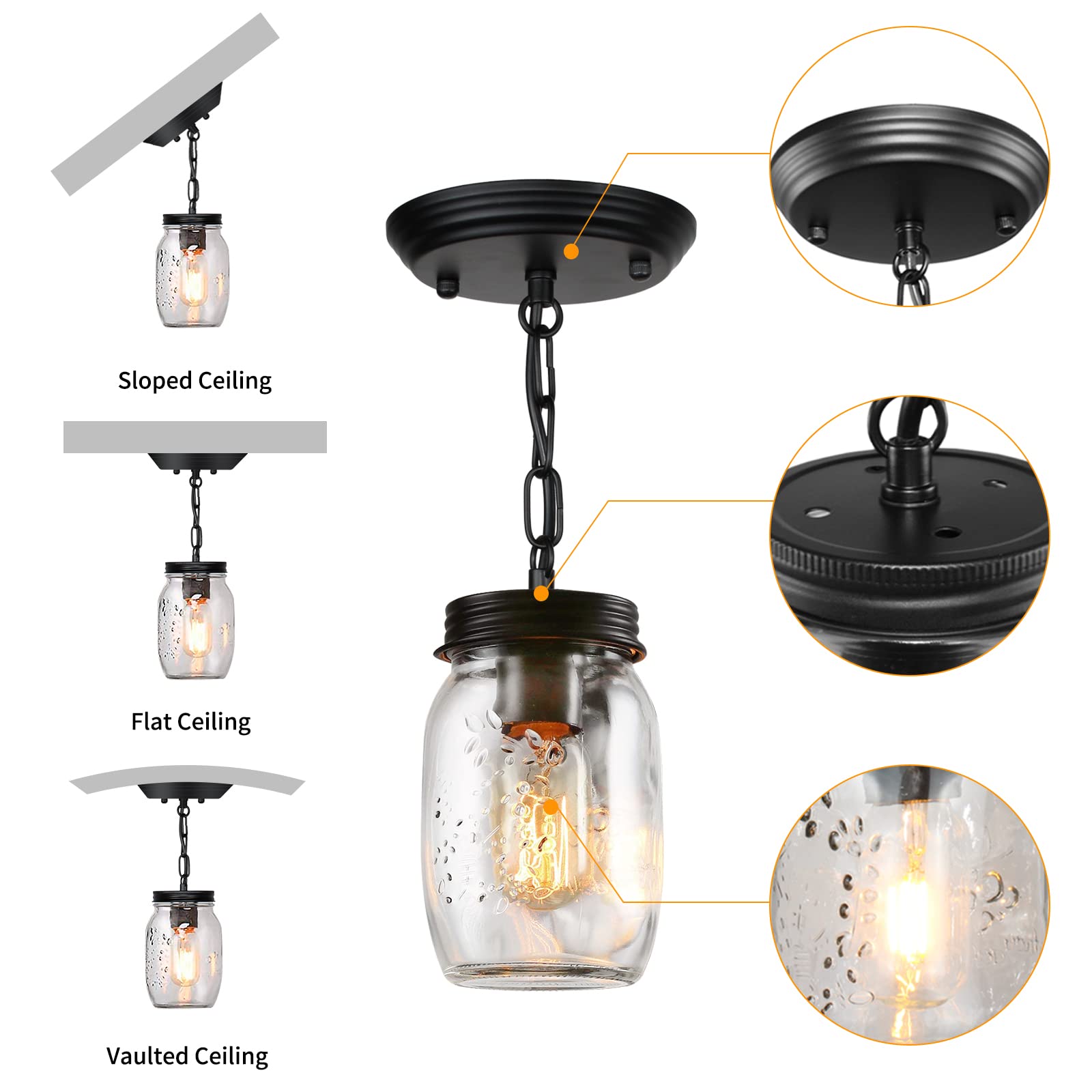 PUZHI HOME Mason Jar Light Fixture, 1-Light Pendant Lighting, Glass, Black, Model PZ-GP-002, Farmhouse Style for Dining Room and Foyer