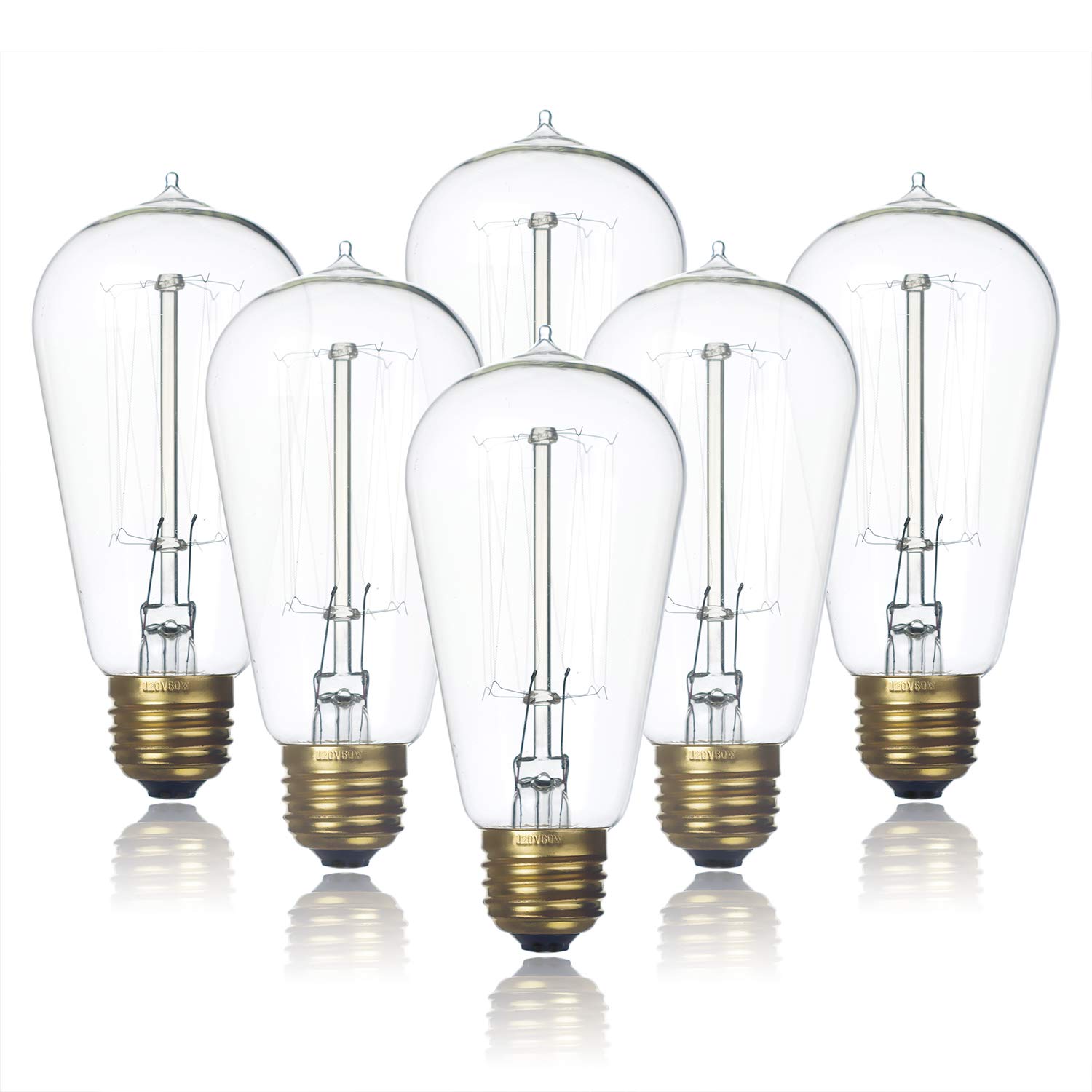 Jslinter Edison Light Bulb 6-Pack, Warm White 2200K, 60W Dimmable St58, Clear Glass, Antique Vintage Style