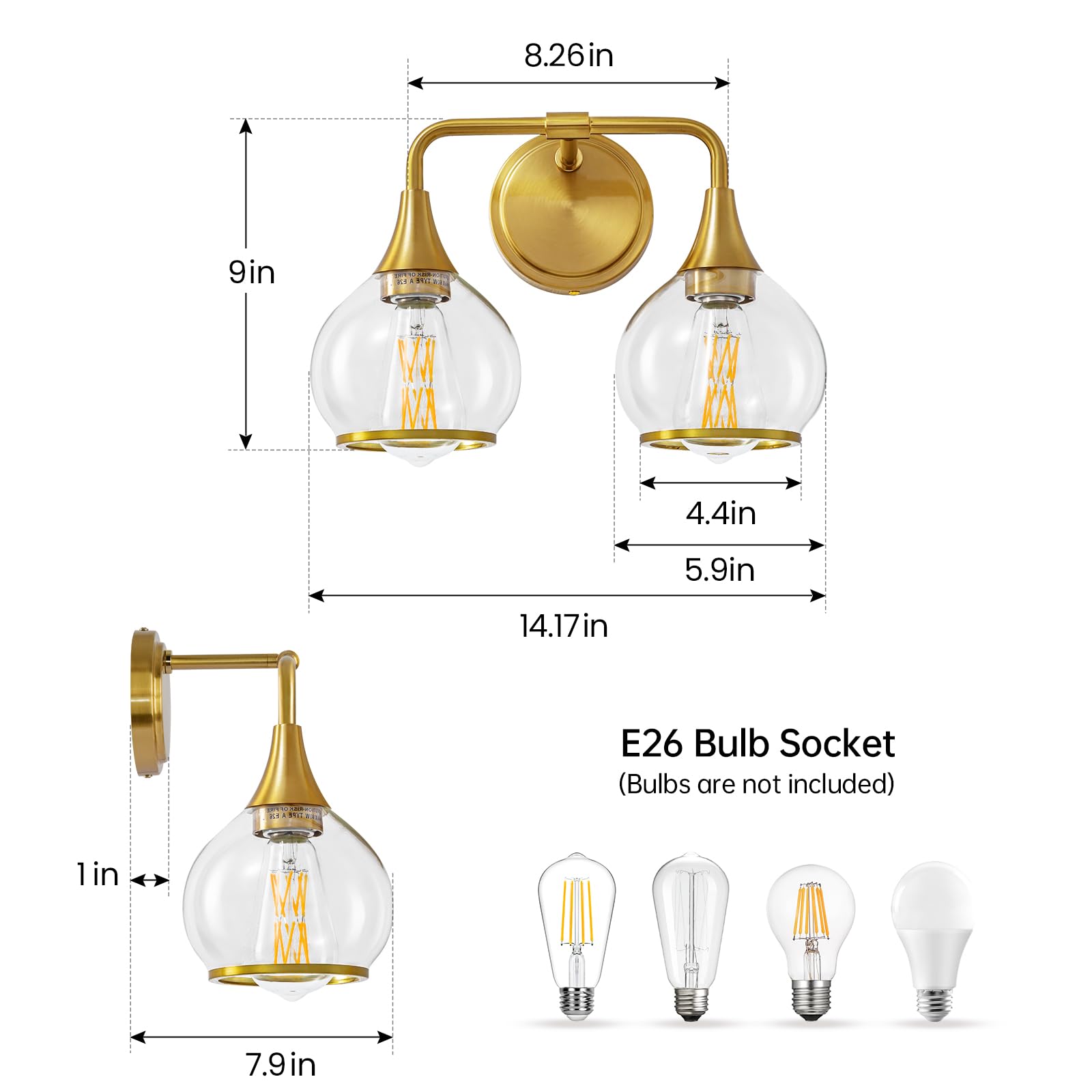HAHZT Gold Bathroom Light Fixtures, 2-Light Vanity Lights, Clear Glass Shade, Wall Sconces, Model 8033ML