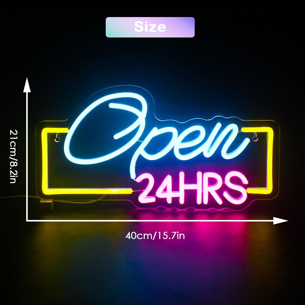 JURONGYILU Neon Sign - Dimmable LED Light for Wall Decor, USB Powered, Colorful-Open 24HRS, Ideal for Business, Bedroom, Bar, Salon