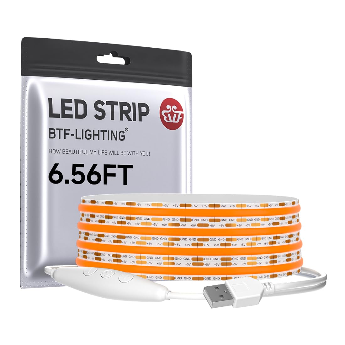 BTF-LIGHTING FCOB COB FOB LED Band Lights 5V USB Powered 6.56FT 640LEDs Orange Color 8mm Width Dimmable CRI 90+ with 3M Tape Flexible High Density for 3D Printer TV Backlight PC DIY Decor