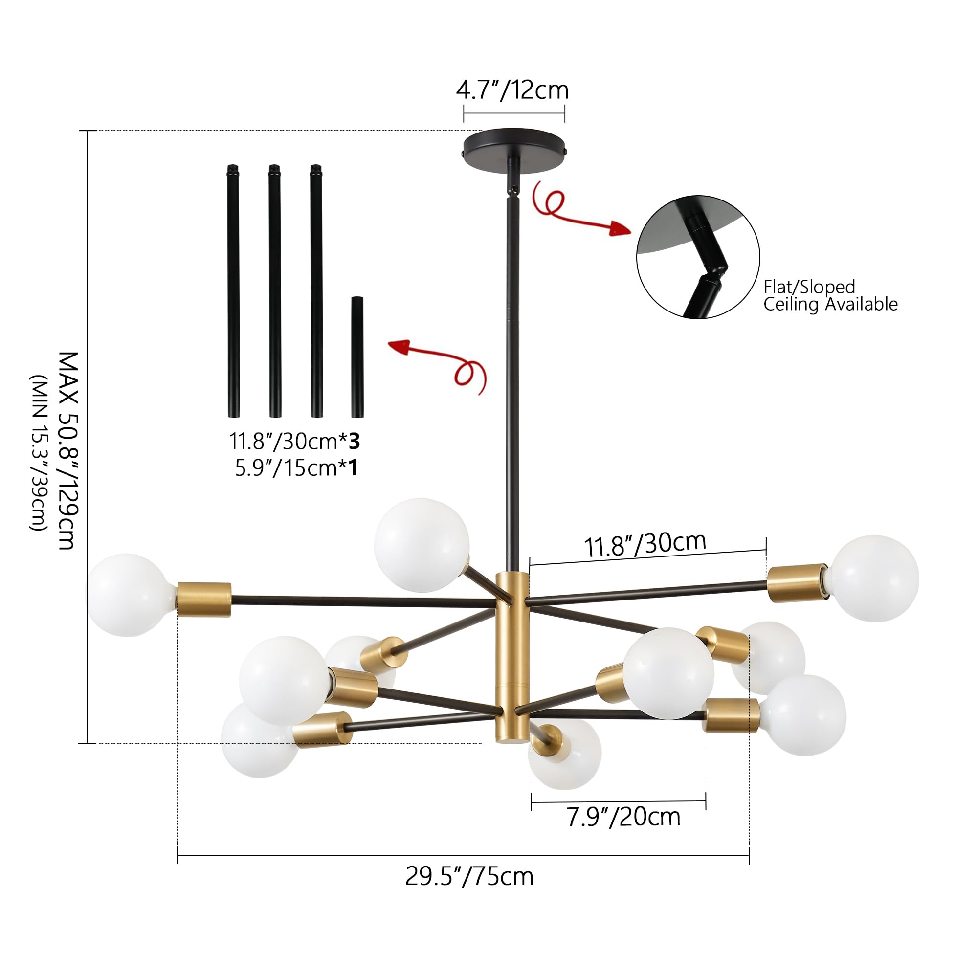 Kaisite Modern 10-Light Sputnik Chandelier - Black & Gold Metal Pendant Lighting For Kitchen, Dining Room, Living Room, Bedroom, Model 8006-10C