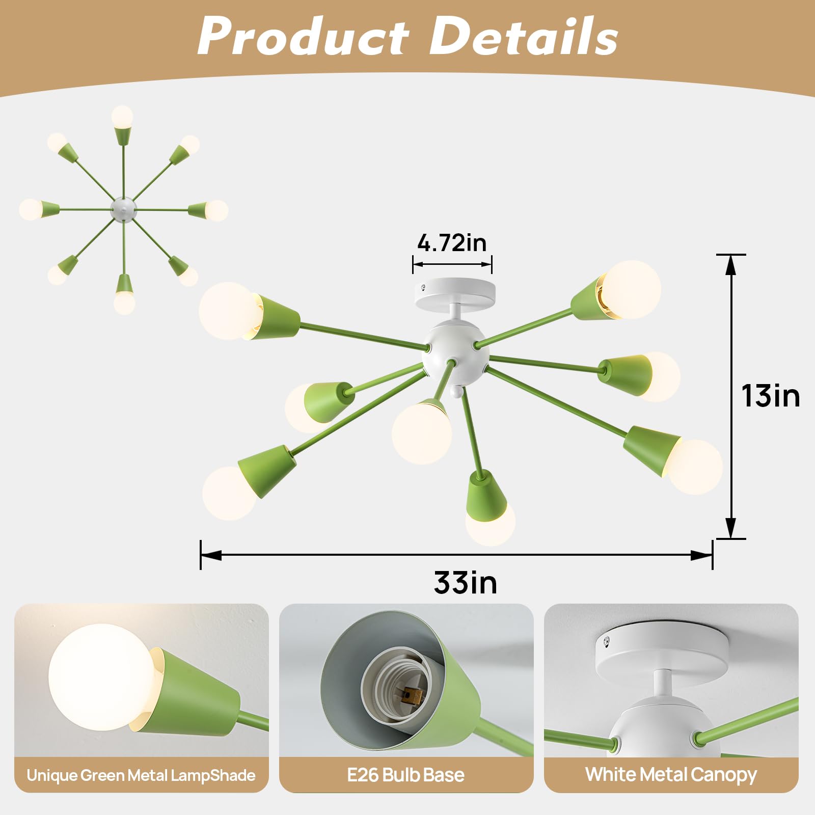 Ymlii Green Sputnik Ceiling Light Fixture, 8-Lights Modern Sputnik Chandeliers For Dining Room,Indoor Kitchen Island Lighting Fo