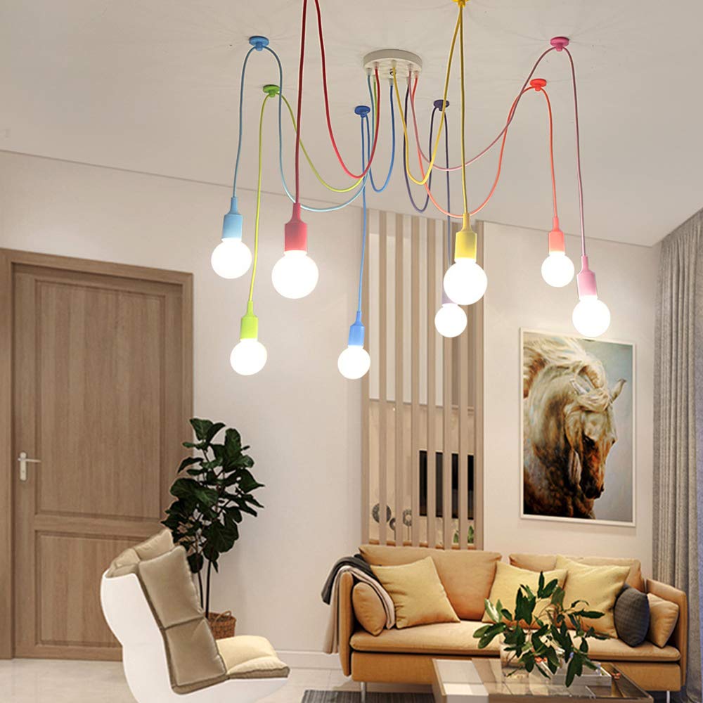 KJLARS Modern 8-Light Ceiling Spider Lamp Chandelier - Adjustable DIY Pendant Lighting for Kids' Room, Bedroom, Dining - Multicolor