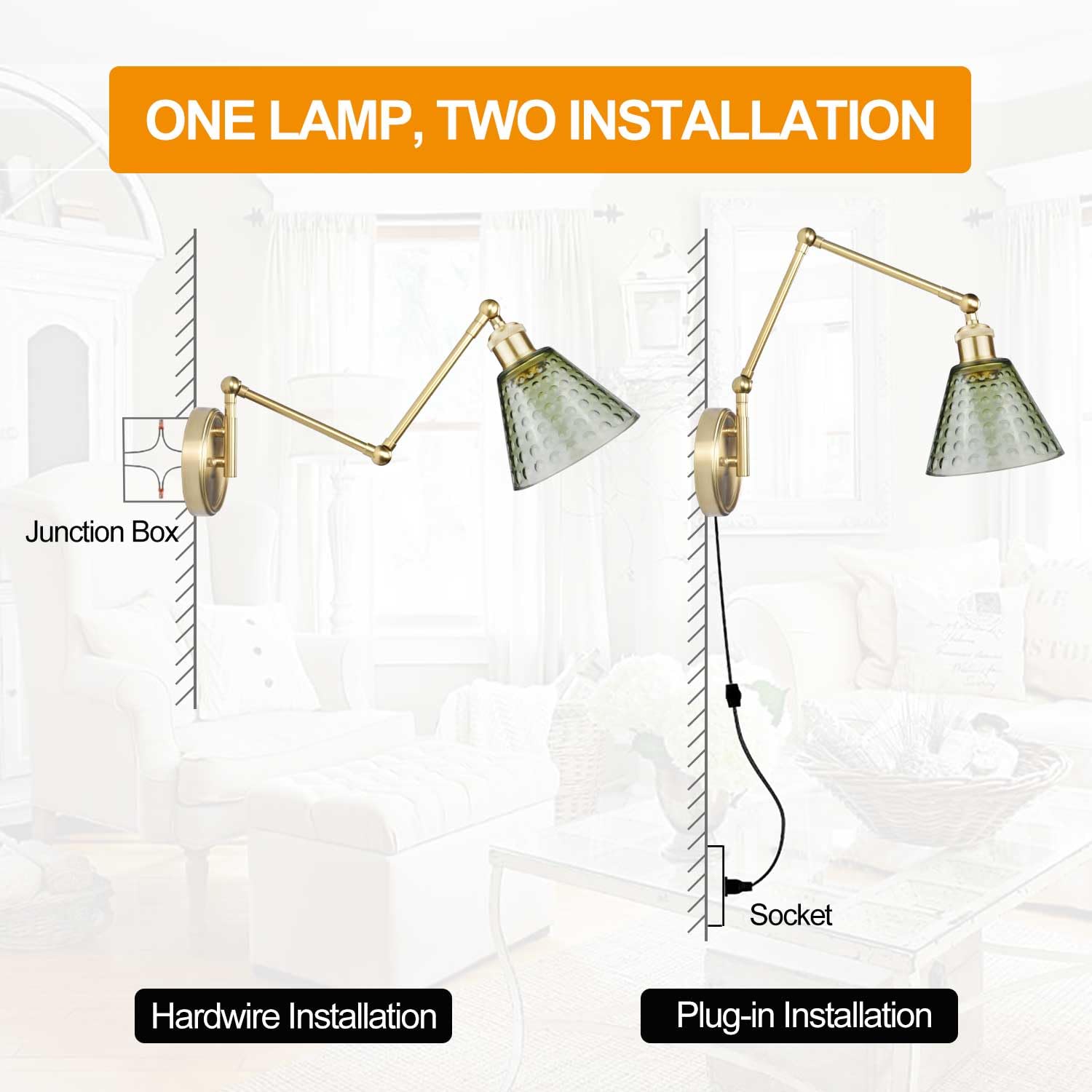 BARSUNS Swing Arm Wall Sconce, Adjustable Brightness, Gold & Green, RGBW Bulb with Remote, Model BS-WL351YG-B
