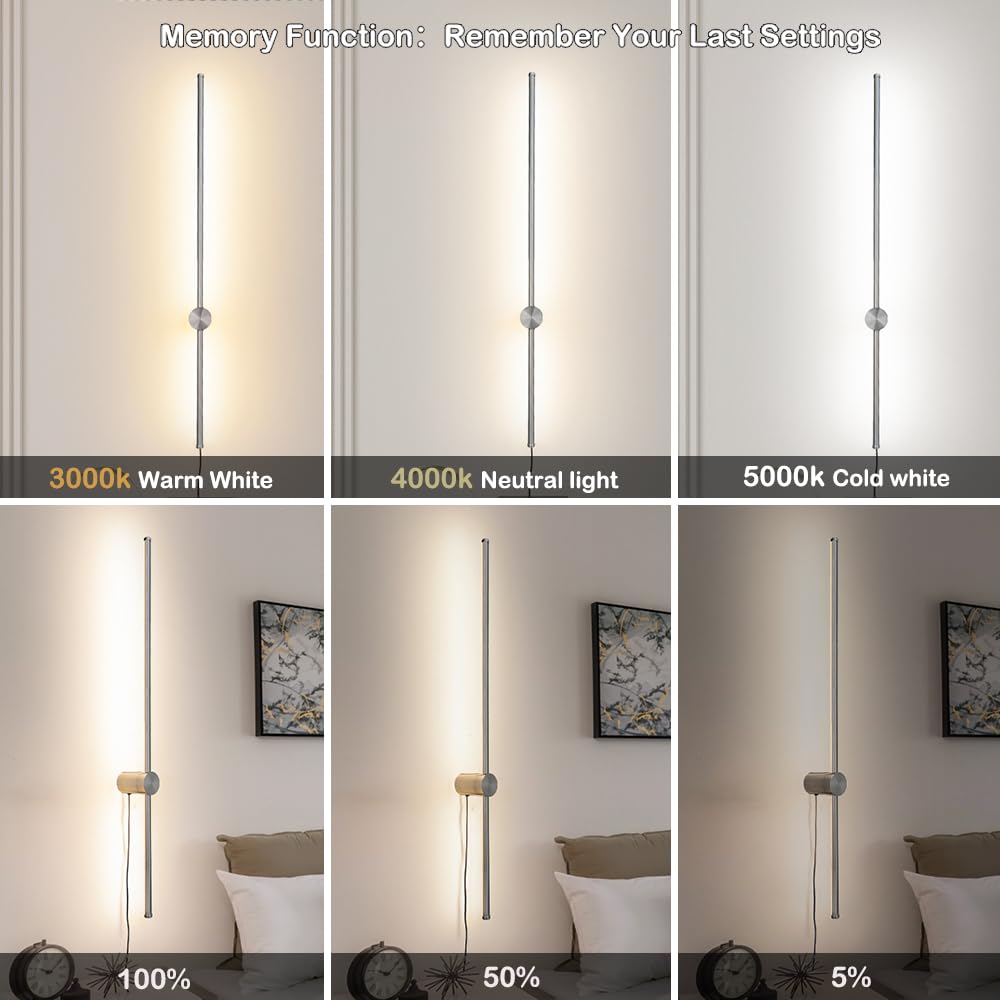 Ditoon Brush Nickel Plug In Wall Sconces Set Of Two, Modern Led Wall Lamp With Remote Control, 3 Cct 3000K-5000K Dimmable, Plug