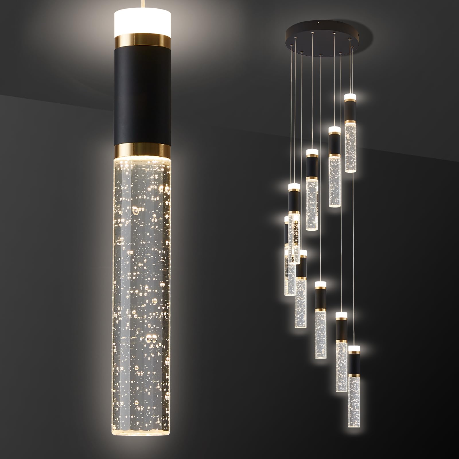 szcflaghip 9-Lights Led Chandelier  Black and Gold Crystal Modern Led Chandelier for Dining Room  Elegant Dimmable Enterway Led Pendant Lights Fixture with Remote Control Flush Mount
