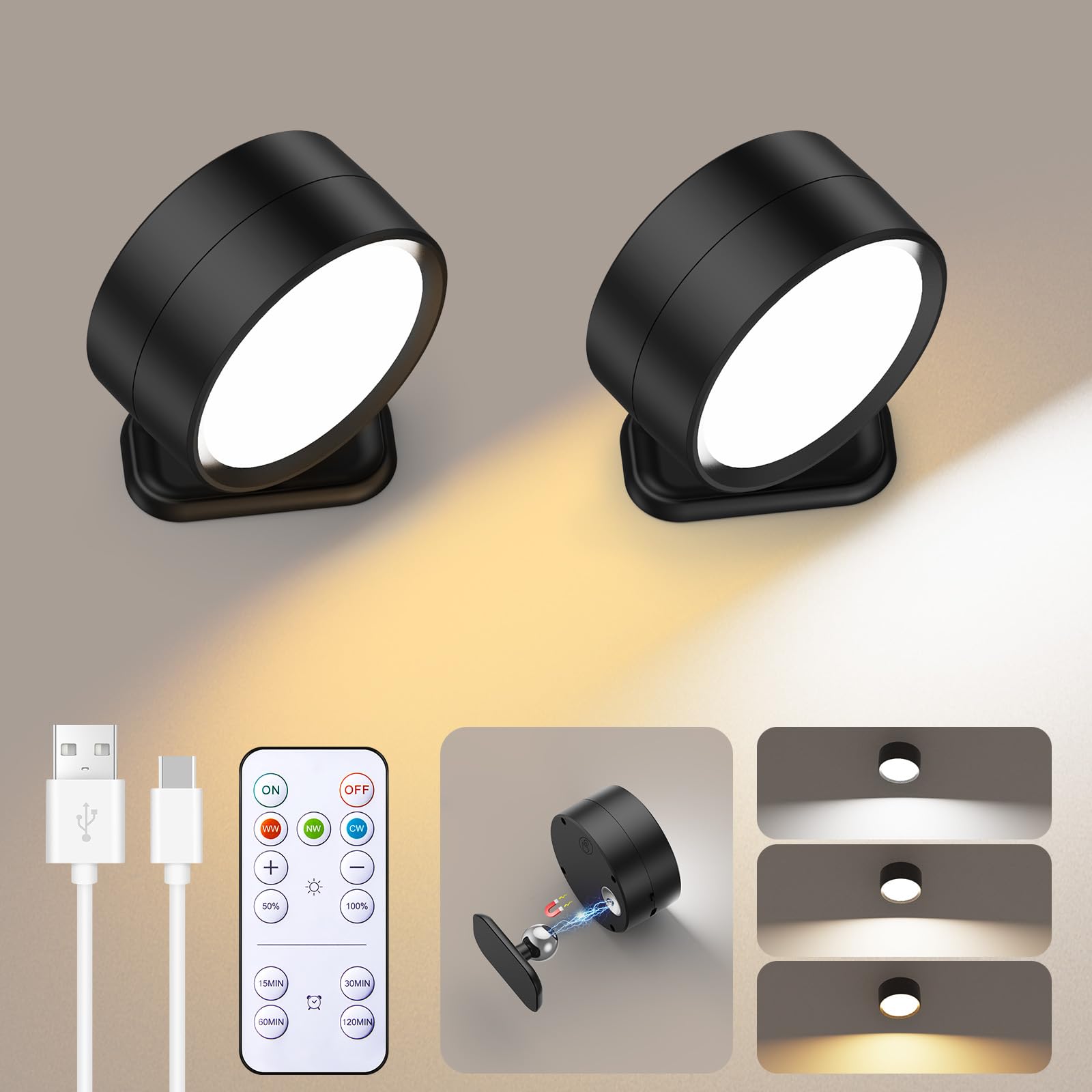 Brightown LED Magnetic Wall Sconce Lights, 2 Pack, USB Rechargeable, Dimmable, 360° Rotation, Black
