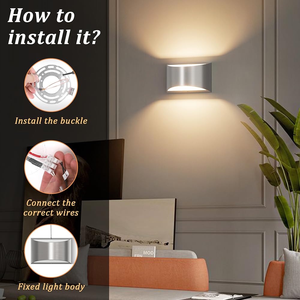 Aipsun Modern LED Wall Sconce - 4 Pack Warm White 3000K Hardwired Nickel Aluminum Lights for Living Room, Bedroom, Hallway - Model 9206
