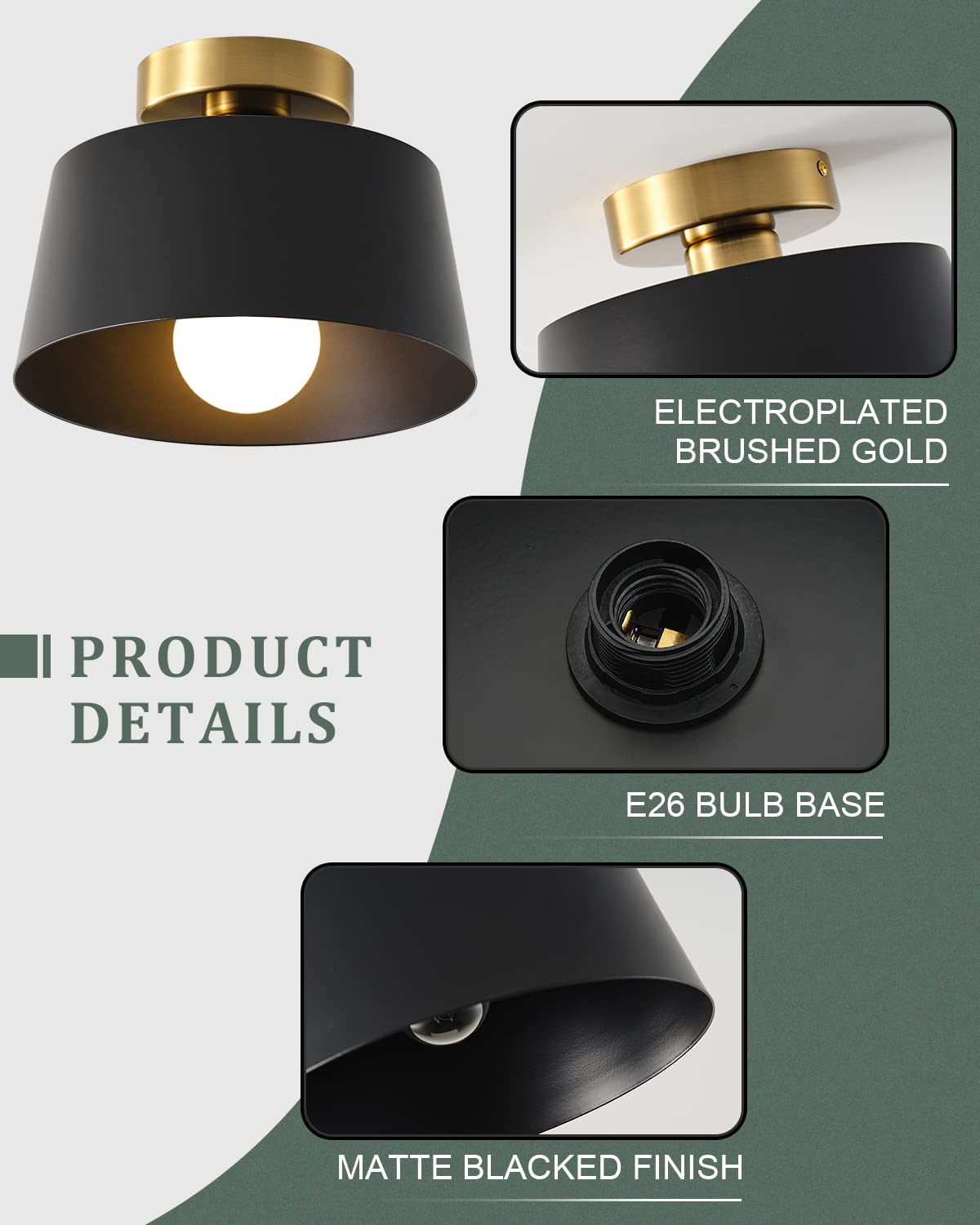 Lhlyclx 2 Pack Ceiling Light Fixture, Hallway Ceiling Light With Gold Plate And Matte Black Shade, Modern Simple Style Porch Lig