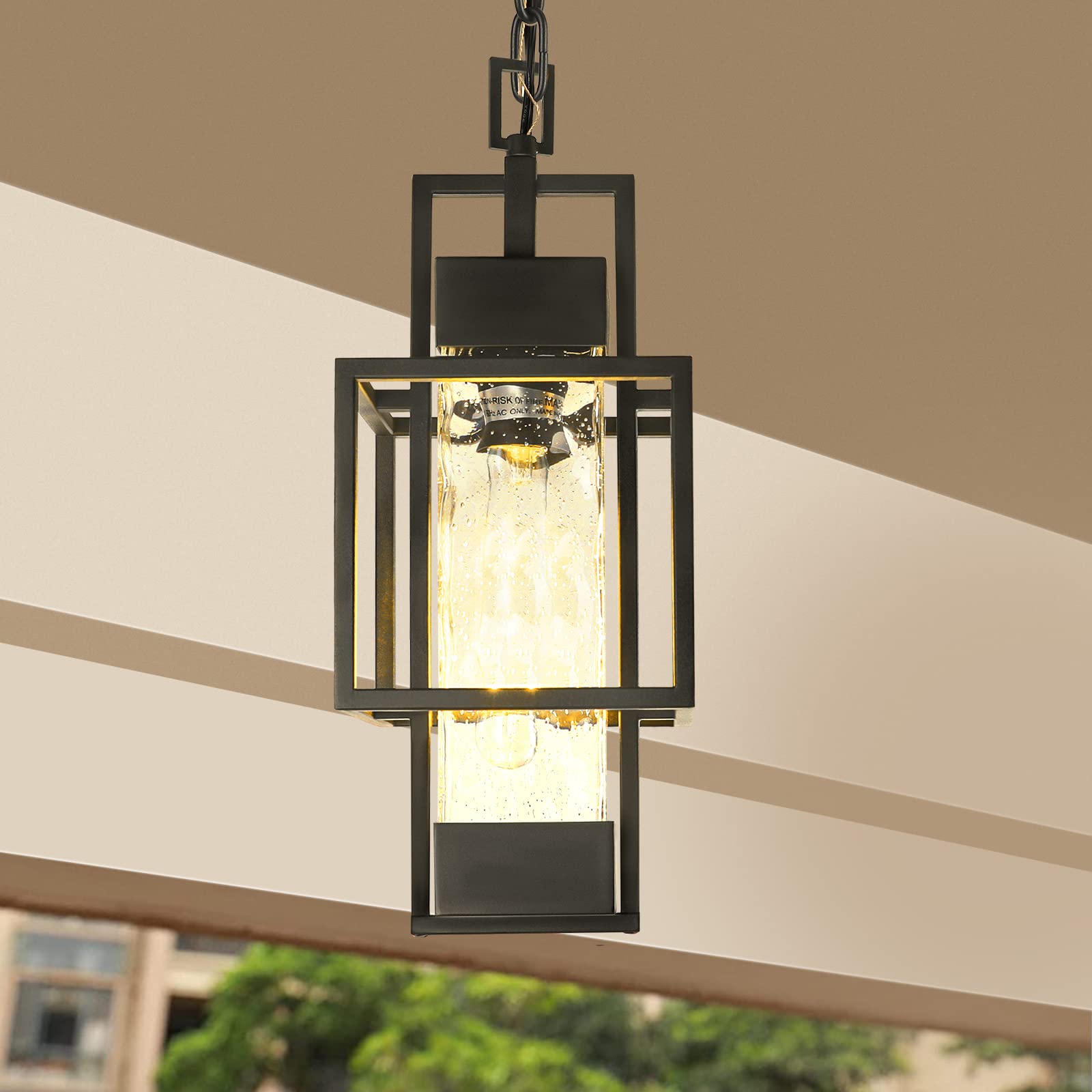 PARTPHONER 15in Pendant Light Fixture, Black Metal Lantern with Water Glass, Ceiling Mount, Model LED0969