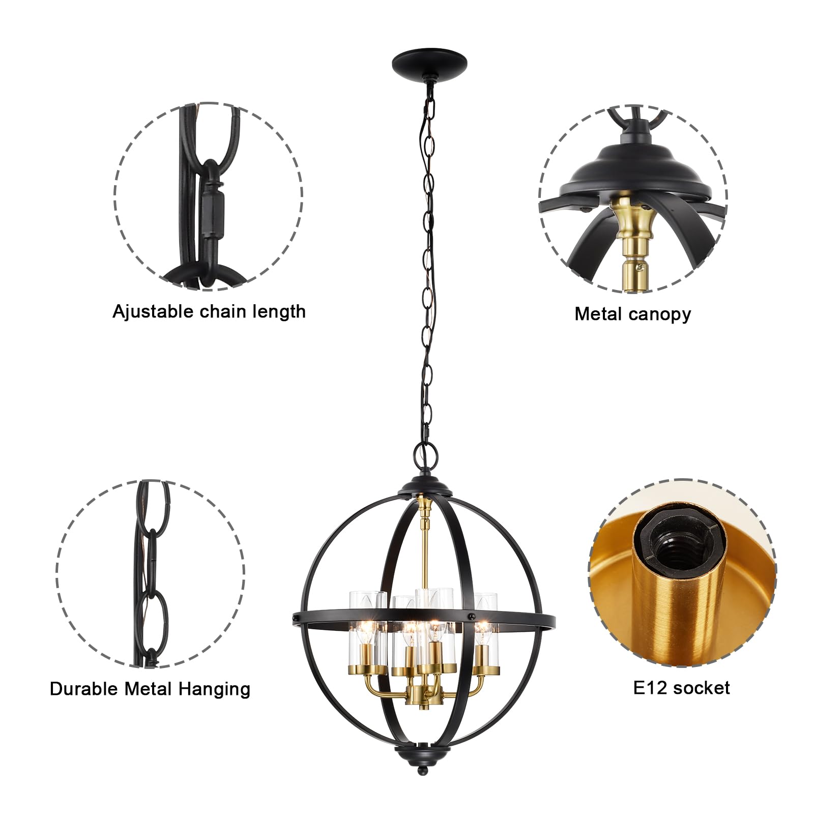 Treekee Rustic Chandelier - 17" Black & Gold 4-Light Globe Pendant Light for Living Room, Entryway, Dining Room