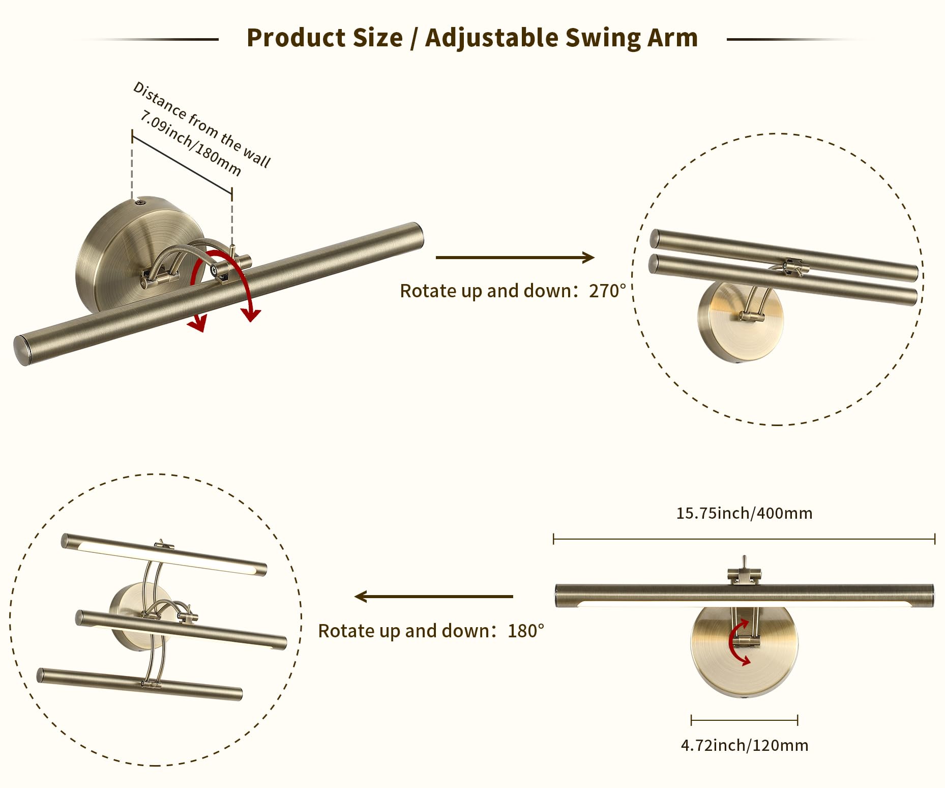 7Degobii Dimmable Picture Light - 15.75" Adjustable Swing Arm, Antique Bronze, 7W LED for Artwork Display, Model 5899