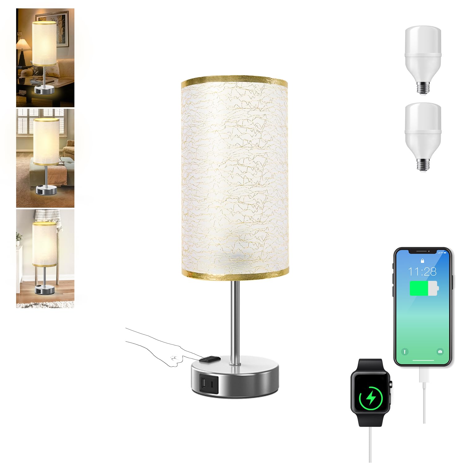 YIDPU Table Lamp - Touch Control, USB C+A Ports, 3-Color LED, Linen Shade, Gold, 1PCS
