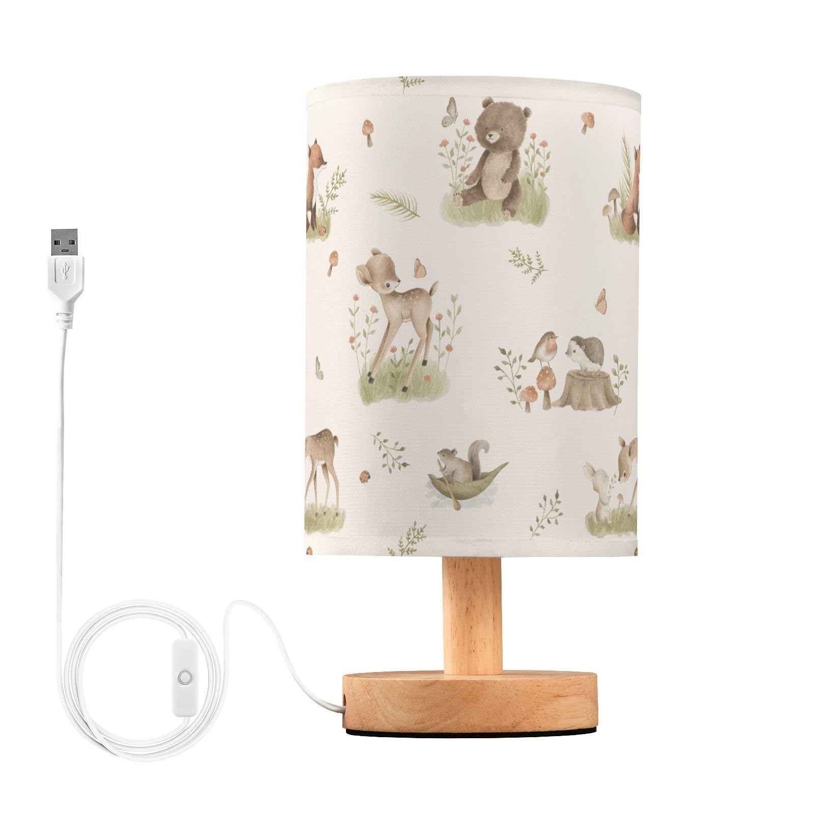 Oarencol Bedside Table Lamp Woodland Animals Nightstand Lamp with Wood Forest Fox Deer Rabbit Bird Bear Mushroom Desk Lamps for 