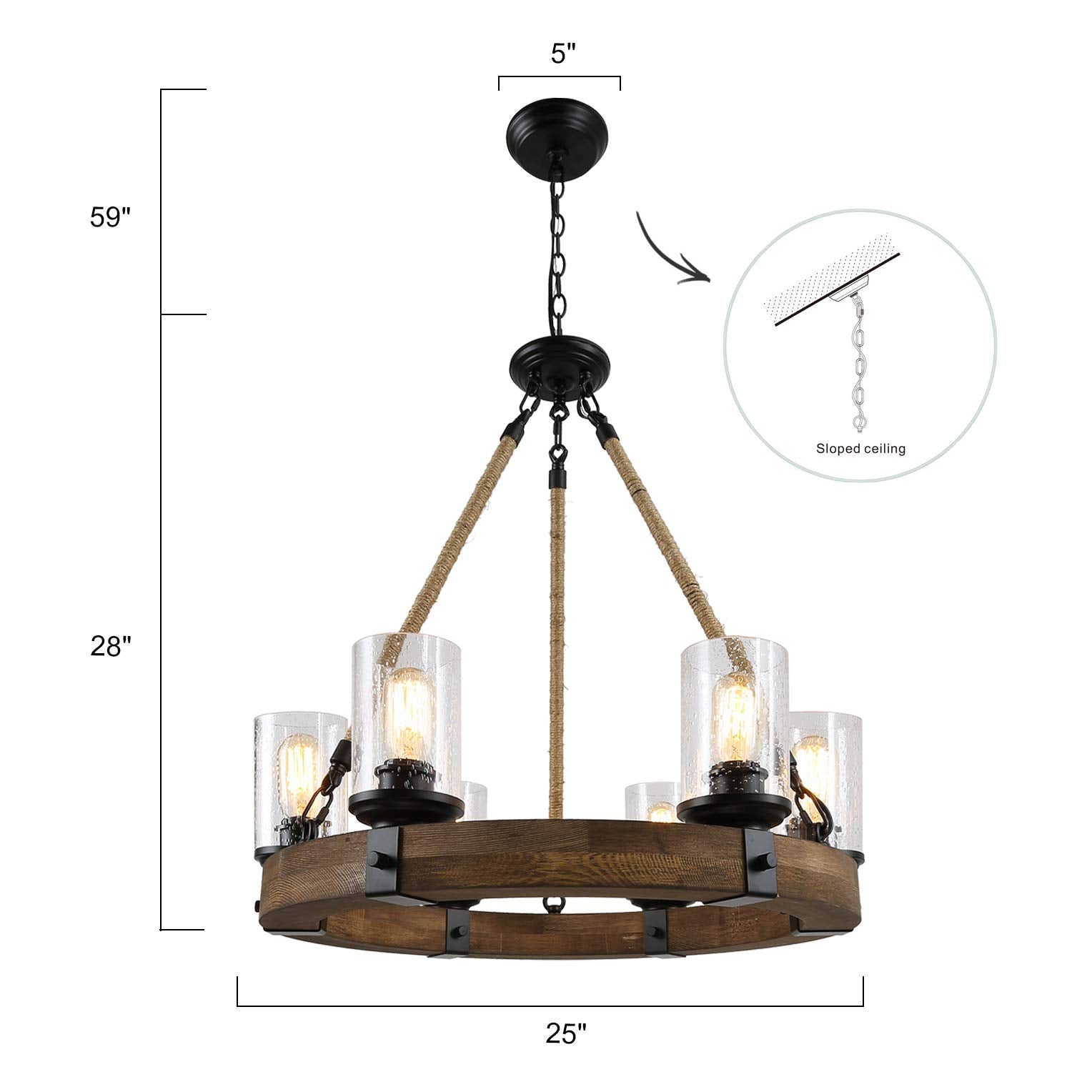 LALUZ Farmhouse Wagon Wheel Chandelier, 6-Light Wood Lighting, 25" Brown Seeded Glass Shade for Dining Room, Kitchen, Living Room