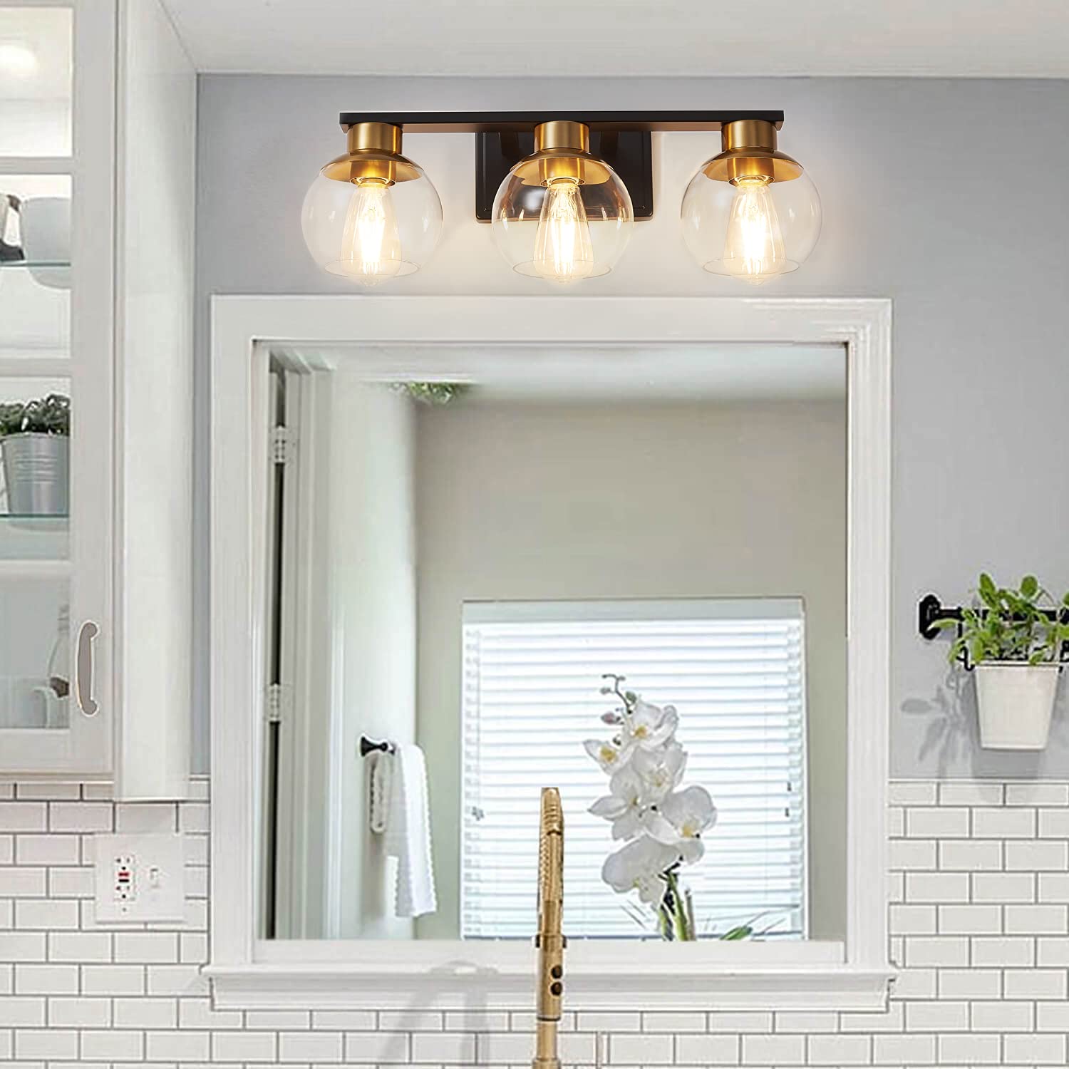 PAZALA 3-Light Bathroom Vanity Lights, Black Gold Metal, Globe Glass Shade, 22in Modern Wall Sconce, Model 1698-3-HJ