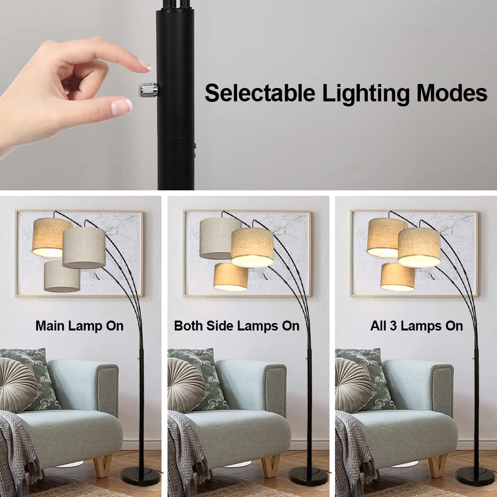 DINGLILIGHTING DLLT 3-Light Arc Floor Lamp, Modern Iron & Fabric, 79" Tall, Black, E26 Base, 3-Way Switch, 9W Bul