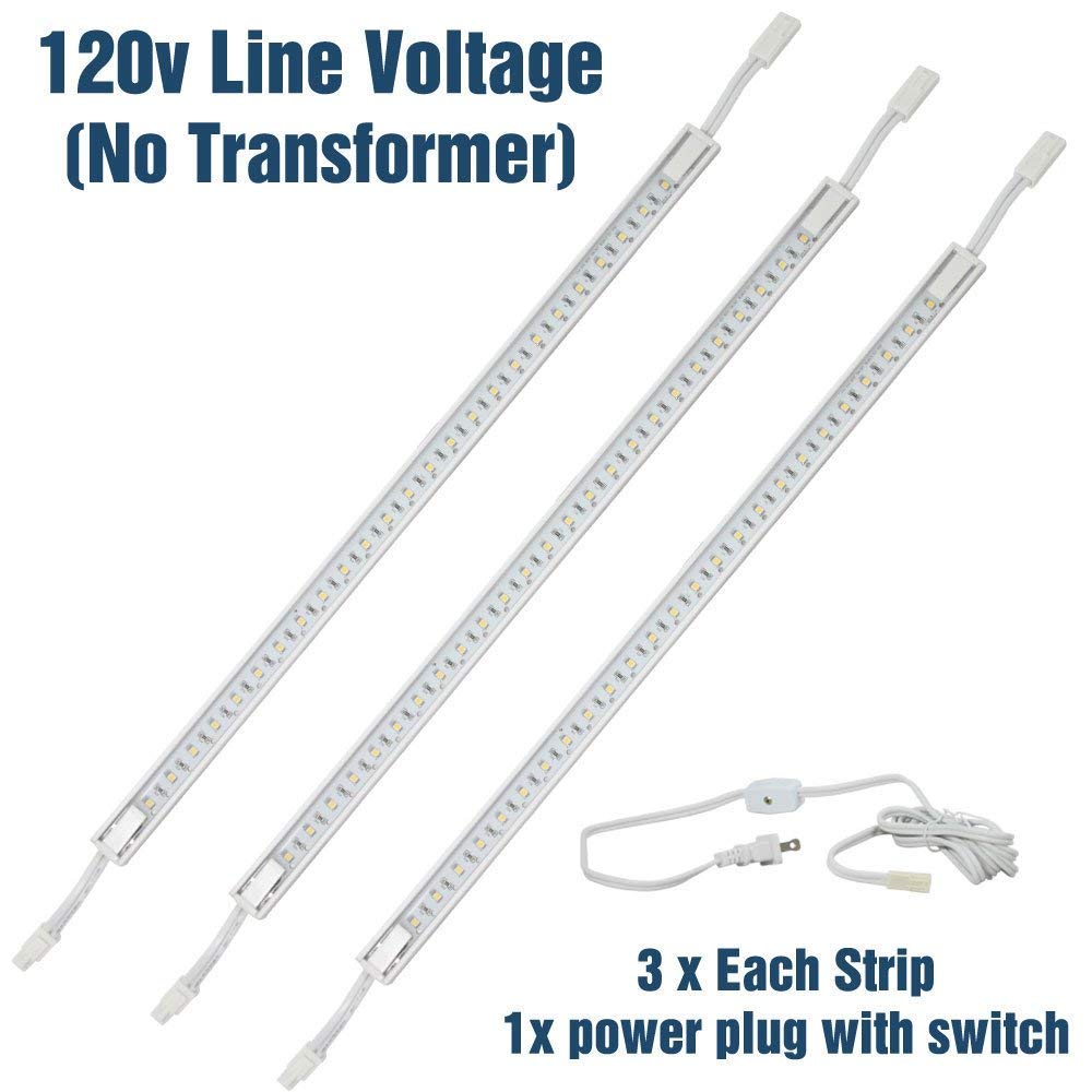 3 X 16&quot; Led Strip Kit - White Cover With Warm White Light (3,000K) - Under Cabinet Furniture 120V/110V - Dimmable - Line Voltage - Professional Grade Electrician