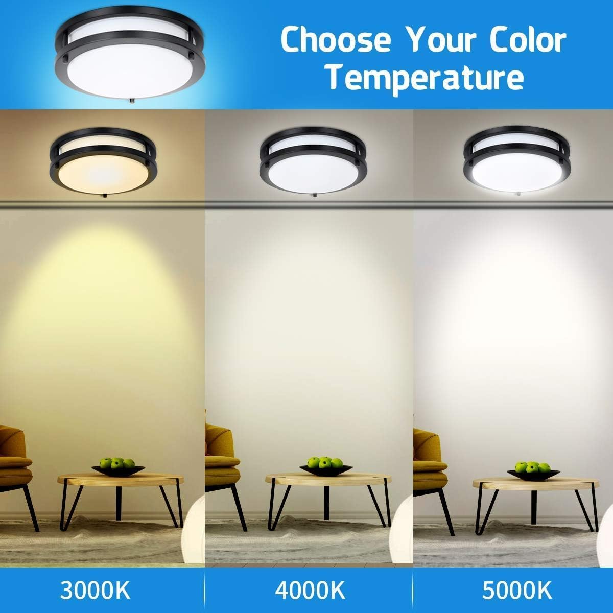 Drosbey 24W Dimmable LED Ceiling Light Fixture, Adjustable 3000K/4000K/5000K, Super Bright 2500LM, Black, Model CL243