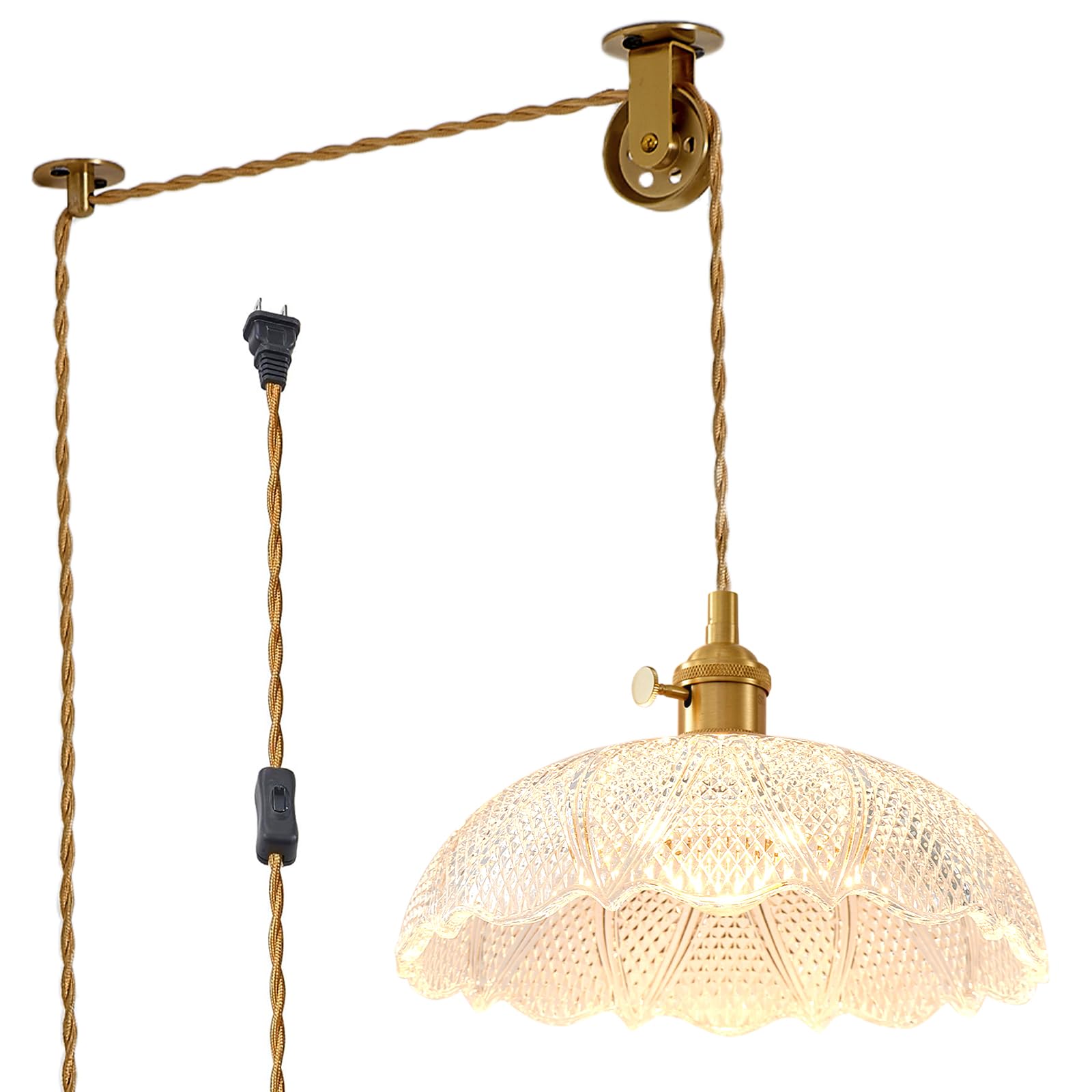 Oyisen Hanging Lamp Plug In,Golden Adjustable Light Cord Plug In Pendant Light 9.8 Inch Glass Lampshade Hanging Ceiling Light Kitchen Island Pendant Lights For Bedroom