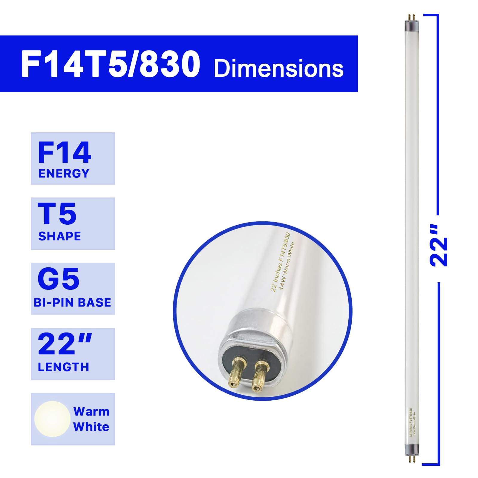 Konideke 22 Inch T5 Fluorescent Light Bulb 14W F14T5WW 3000K Warm White G5 Base 6 Pack