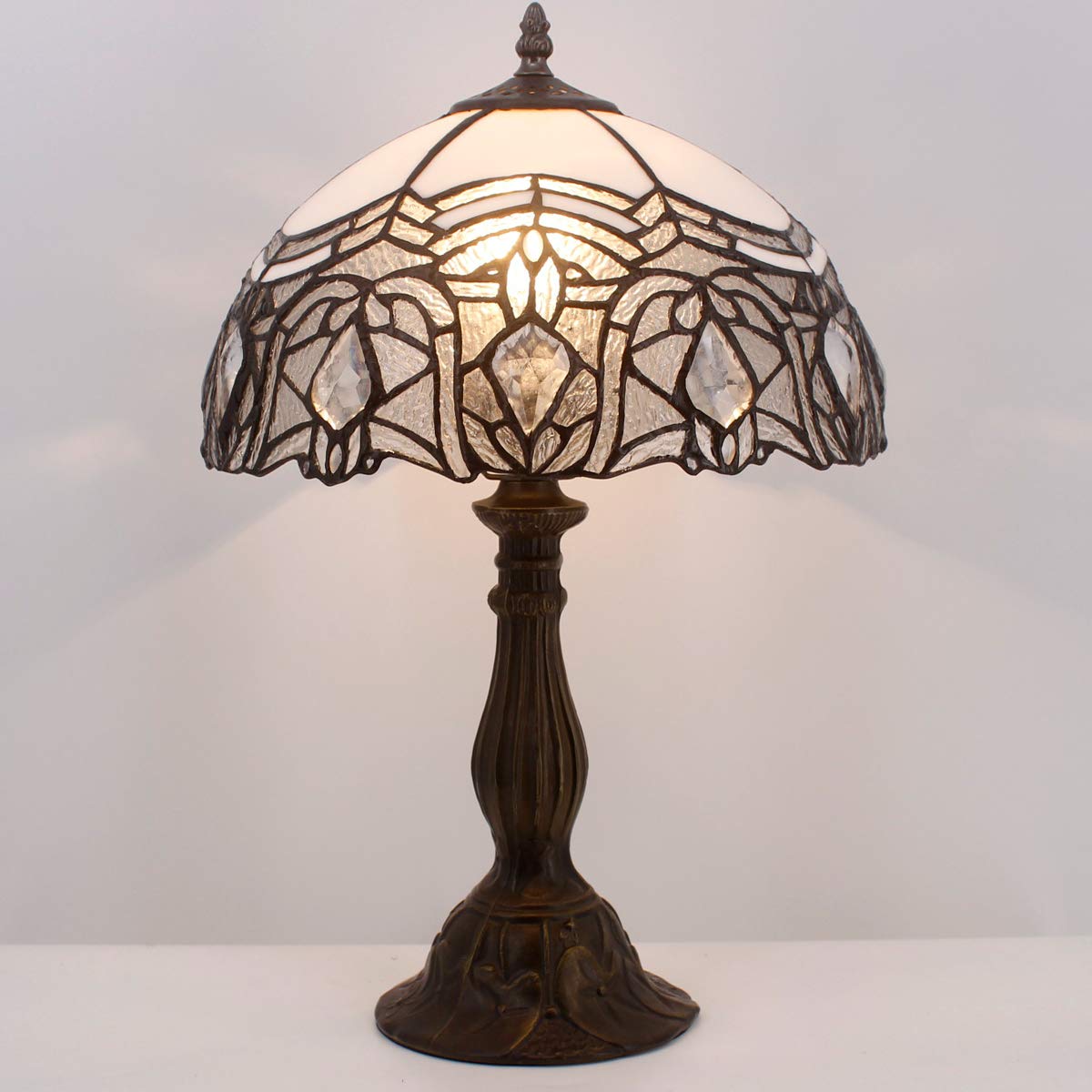 WERFACTORY Tiffany Lamp - White Bent Stained Glass Desk Light, 12x12x18 Inches, Ideal for Bedroom & Home Office, S508W Series