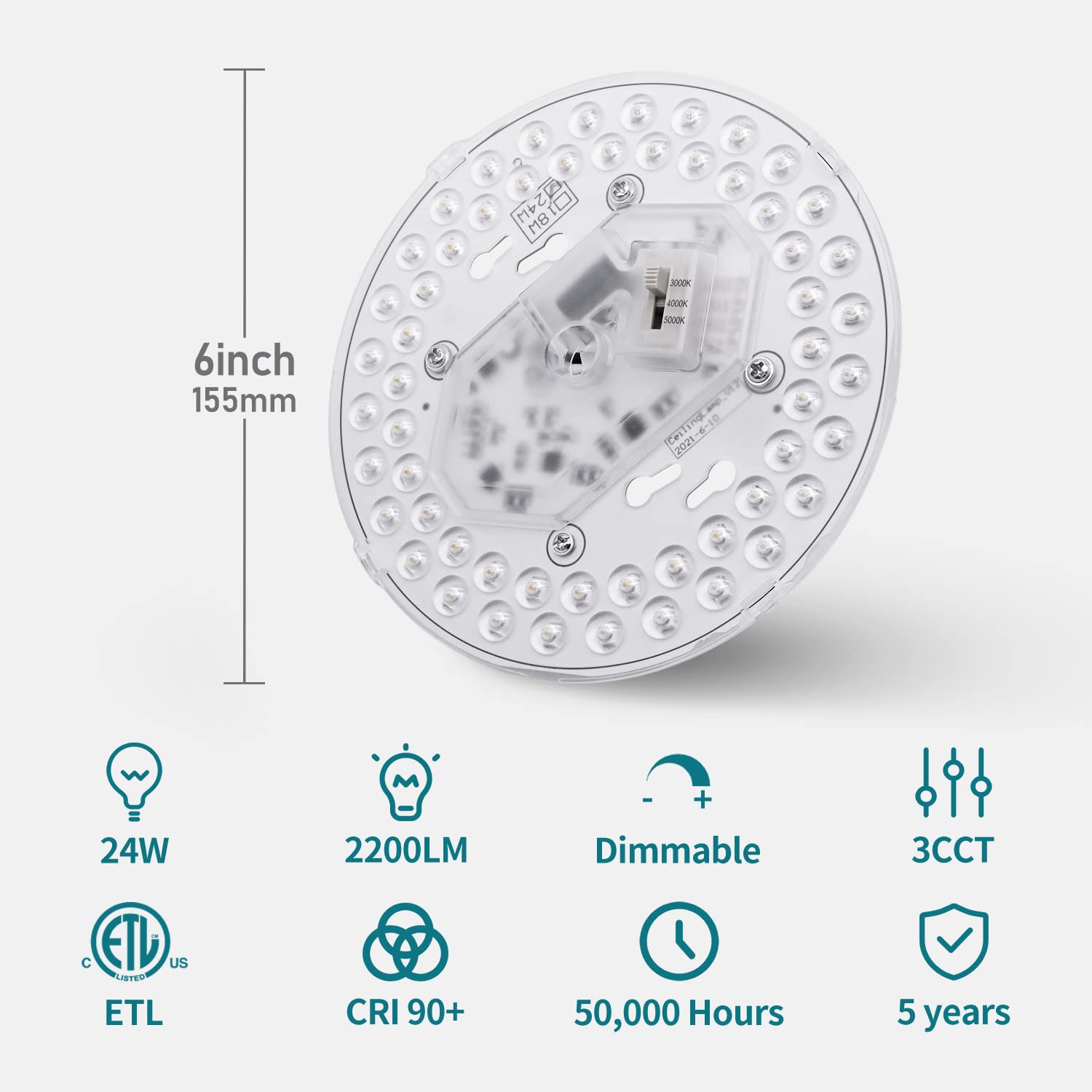 Hisoo LED Light Engine Retrofit Kit, 24W 2200Lm, Dimmable 3CCT, 6 Inch, Aluminum, 2 Pack
