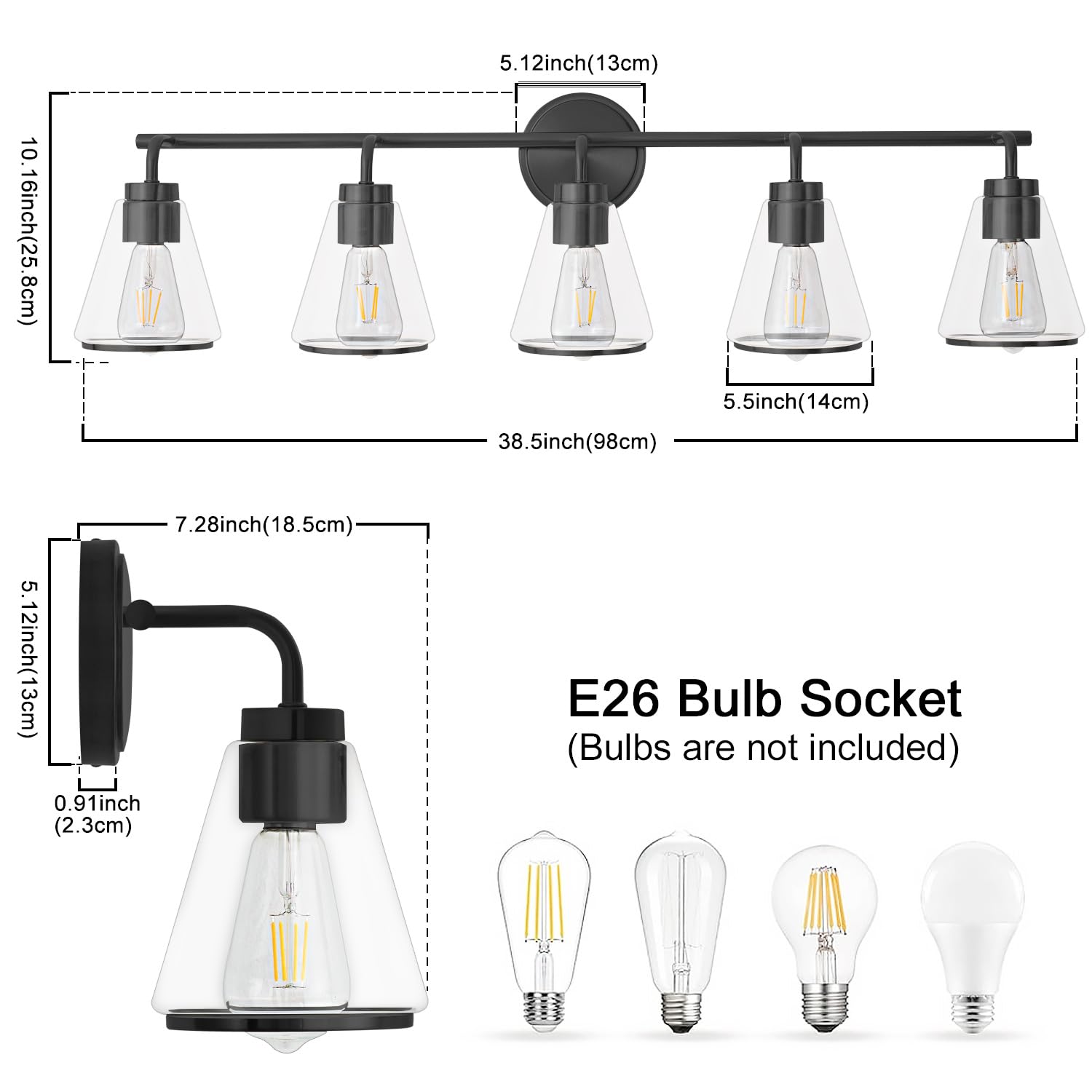 Nadosa Bathroom Vanity Light 5 Light, Modern Vanity Lighting Fixture For Bathroom, 38.5" Vanity Lights With Clear Glass Shade, Black Bathroom Wall Light Over Mirror, Wall Sconces For Bath