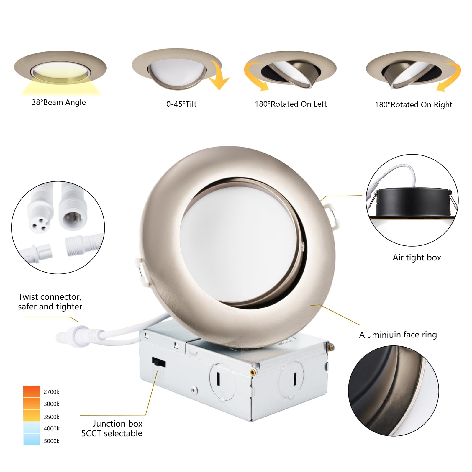 KnLnny Ware Recessed Lighting 4 Inch 6 Pack, Dimmable Adjustable Eyeball Gimbal, Brushed Aluminum, Model Light003Brushed