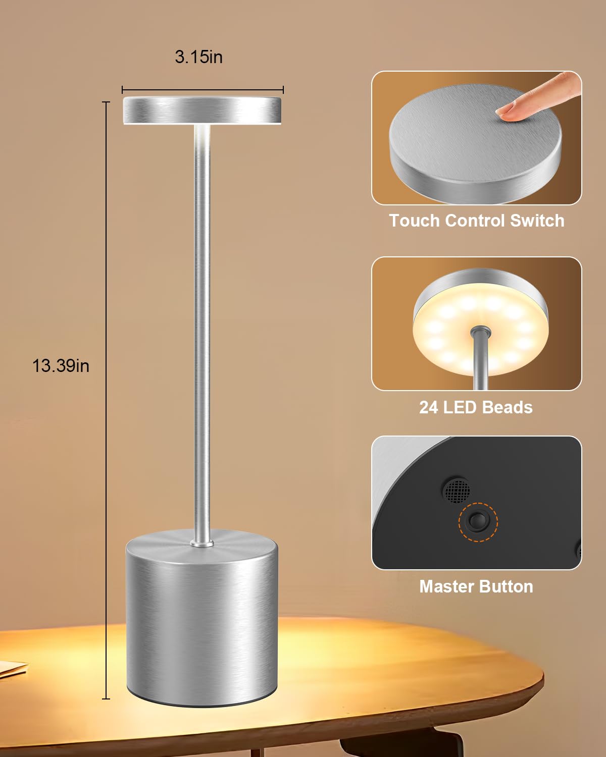 Swinerton Cordless Table Lamp Set Of 2, Rechargeable 5000Mah Battery Powered Outdoor Table Lamps(Silver)