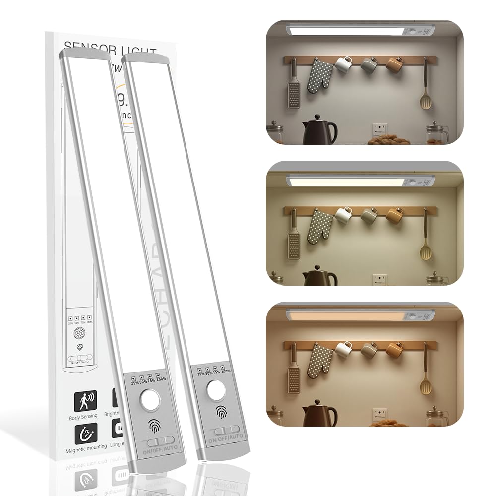 STRLLEY 2Pack Motion Sensor Under Cabinet Lights, 66 LED Rechargeable Closet Light with 3 Color Temps & Stepless Dimming, 2200mA