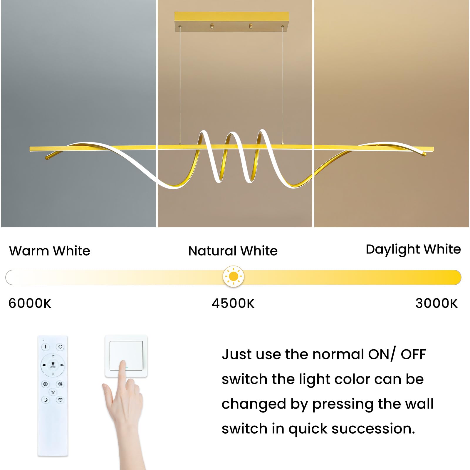 Matven Modern Dimmable Desk Linear Pendant Light, Remote Control, 3 Color Modes, 59IN, Gold