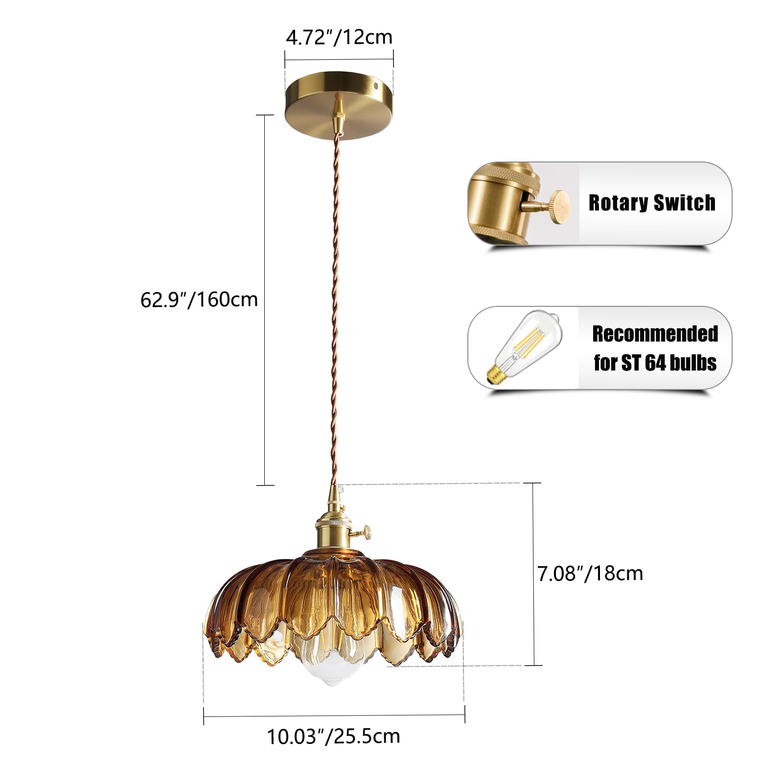 XZHGCEE Pendant Lights - Amber Glass Hanging Light Fixture with E26 Base, Modern Design for Kitchen Island, Dining Room, Bedroom, Model 6202601