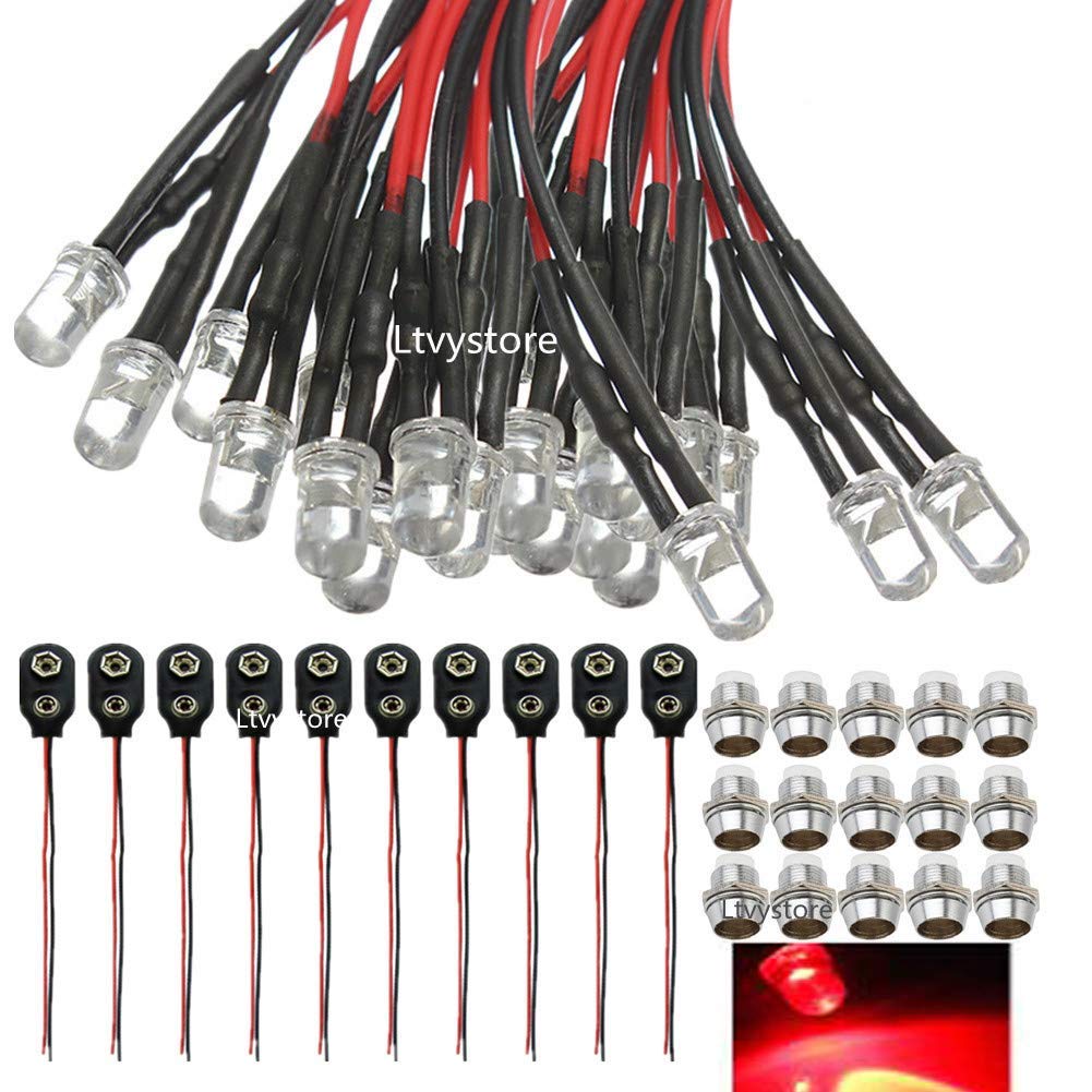 Ltvystore 30Pcs 5MM Red LED Pre Wired Lamp with Metal Clips & 9V Battery Holder - Ideal for DIY Projects