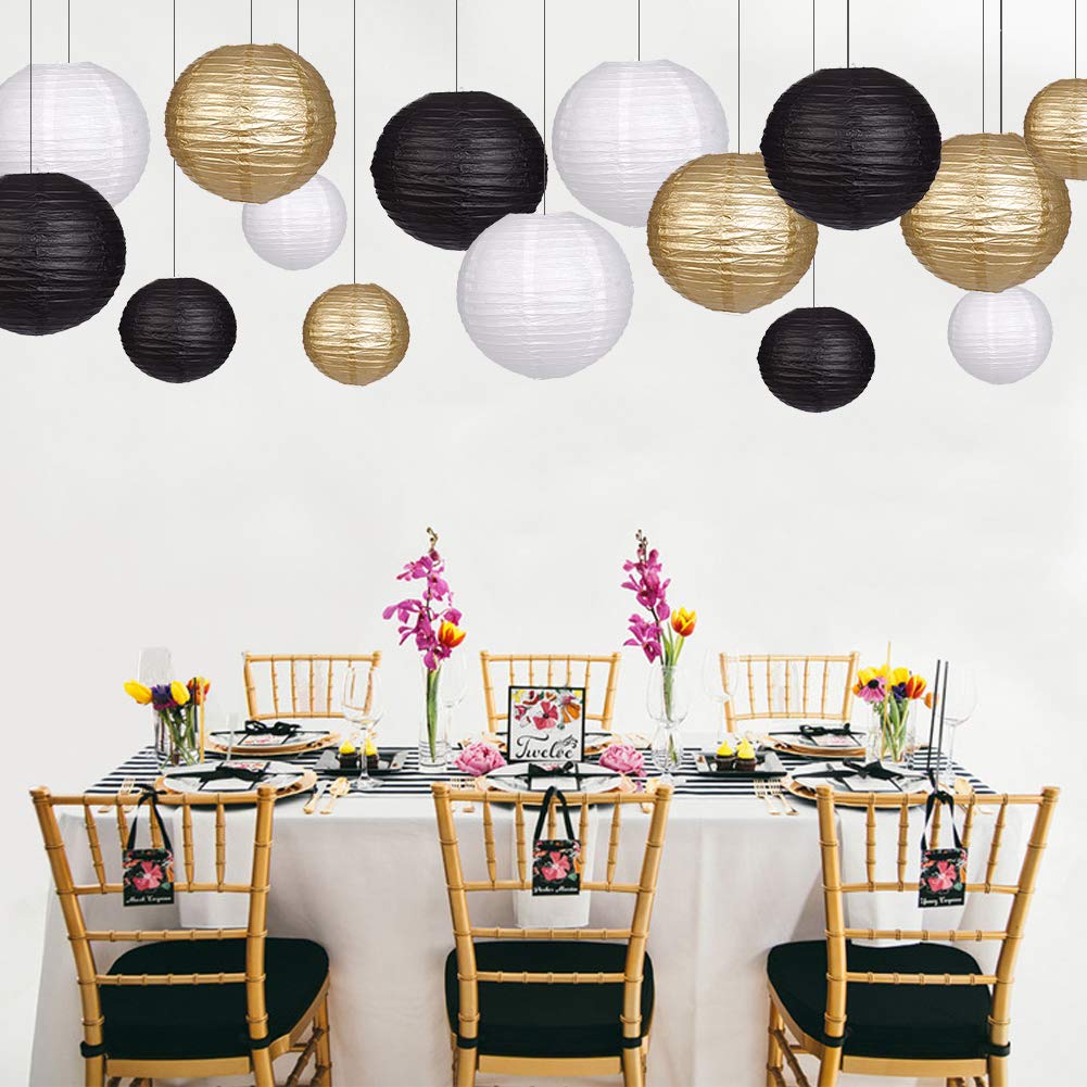 zilue Paper Lanterns 15pcs Decorative Party Supplies Black/Gold for Wedding, Graduation, Anniversary, Birthday - Model PL100306