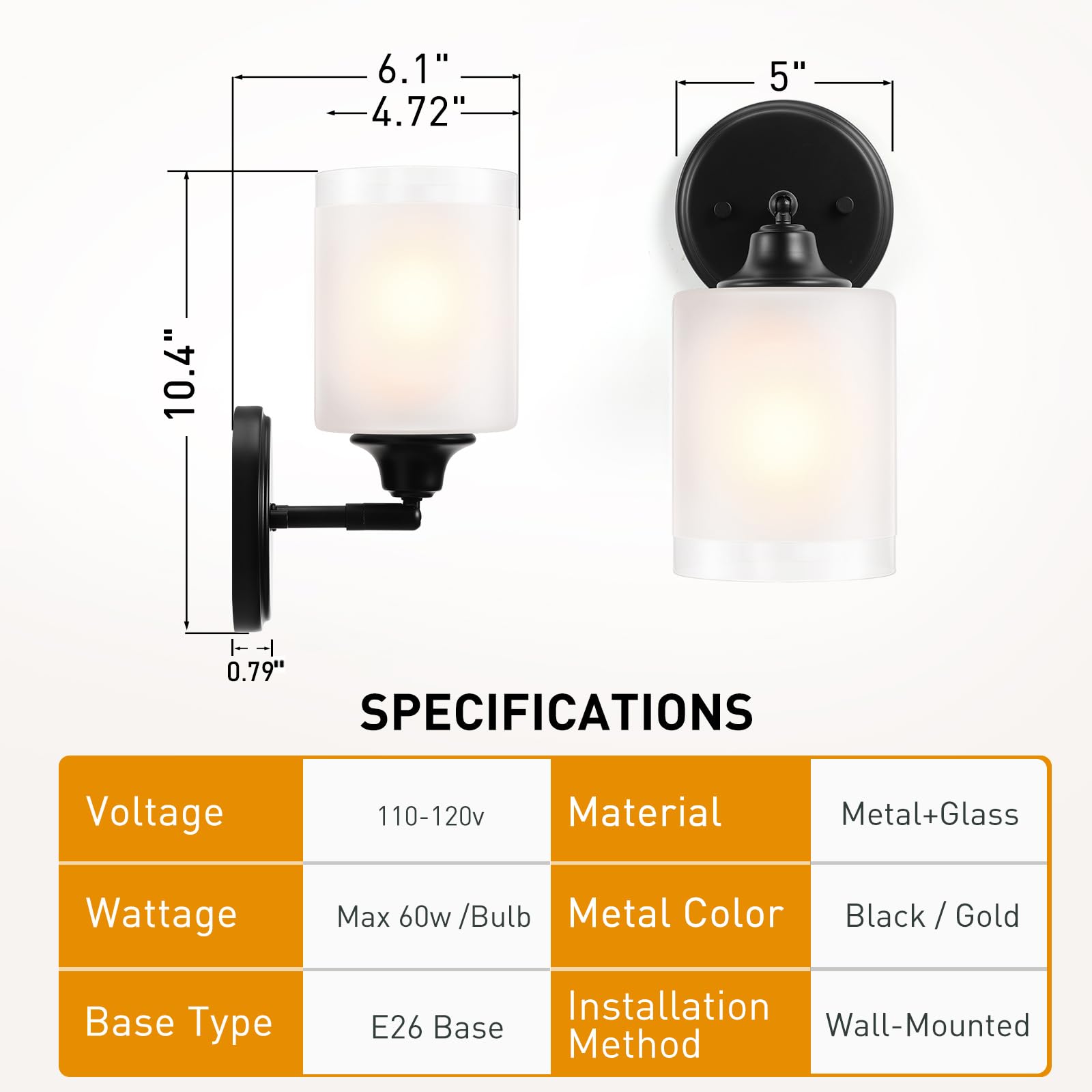 XIFEINIU Wall Sconces Set of Two, Rotatable, Metal, Frosted Glass, Black, 2Pack, Model LV24H58-B1