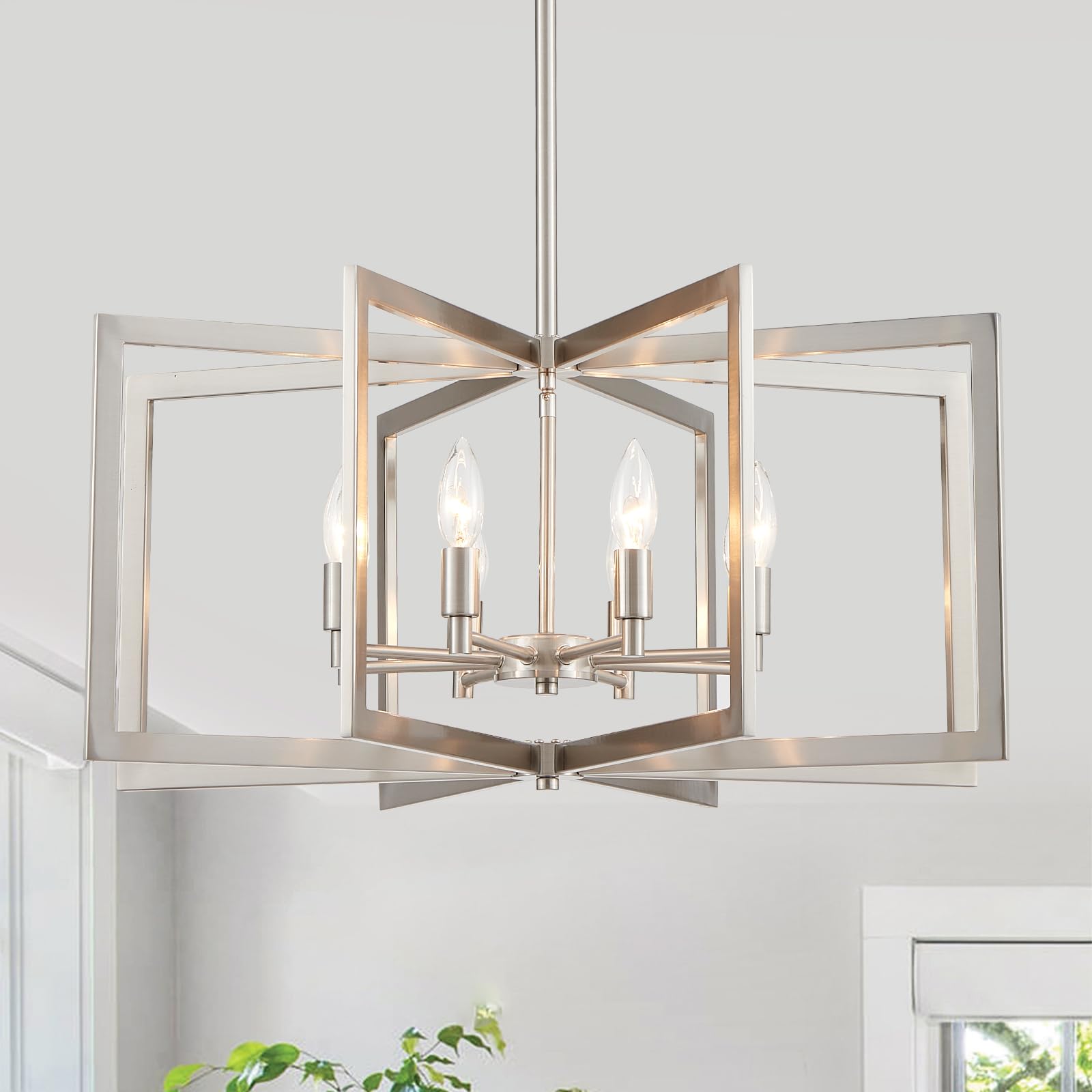 peskoe 26 Inch Brushed Nickel Chandelier 8-Light Large Dining Room Light Fixture Geometric Metal Modern Pendant Hanging Ceiling 