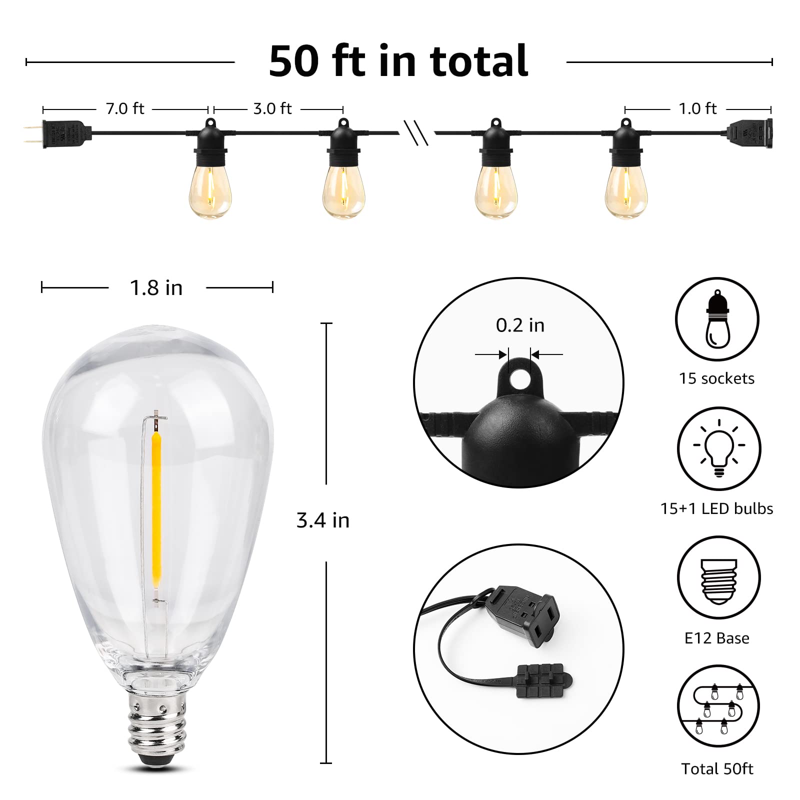 Lepro 50ft Outdoor String Lights, Warm White LED Edison Bulbs, Waterproof, Shatterproof, Ideal for Patio, Deck, Garden, Model GY-C-150.6-U-S45