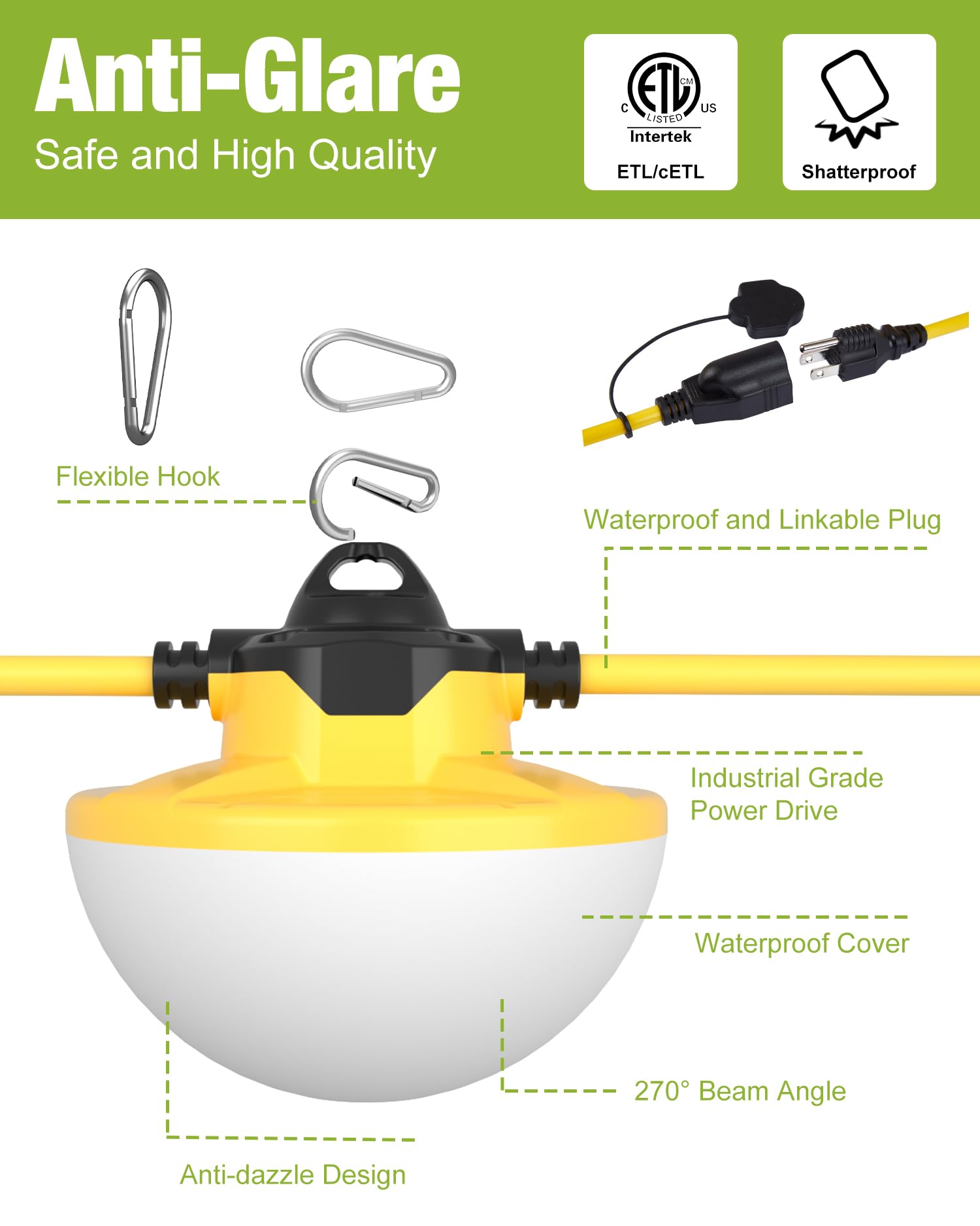 130W 16000Lm 3Pong Construction Lights String 100Ft Industrial Led String Work Lights, Ip65 Waterproof 18Awg Wire 5000K Super Bright For Construction Sites Temporary Work Jobsites Outdoor Lighting