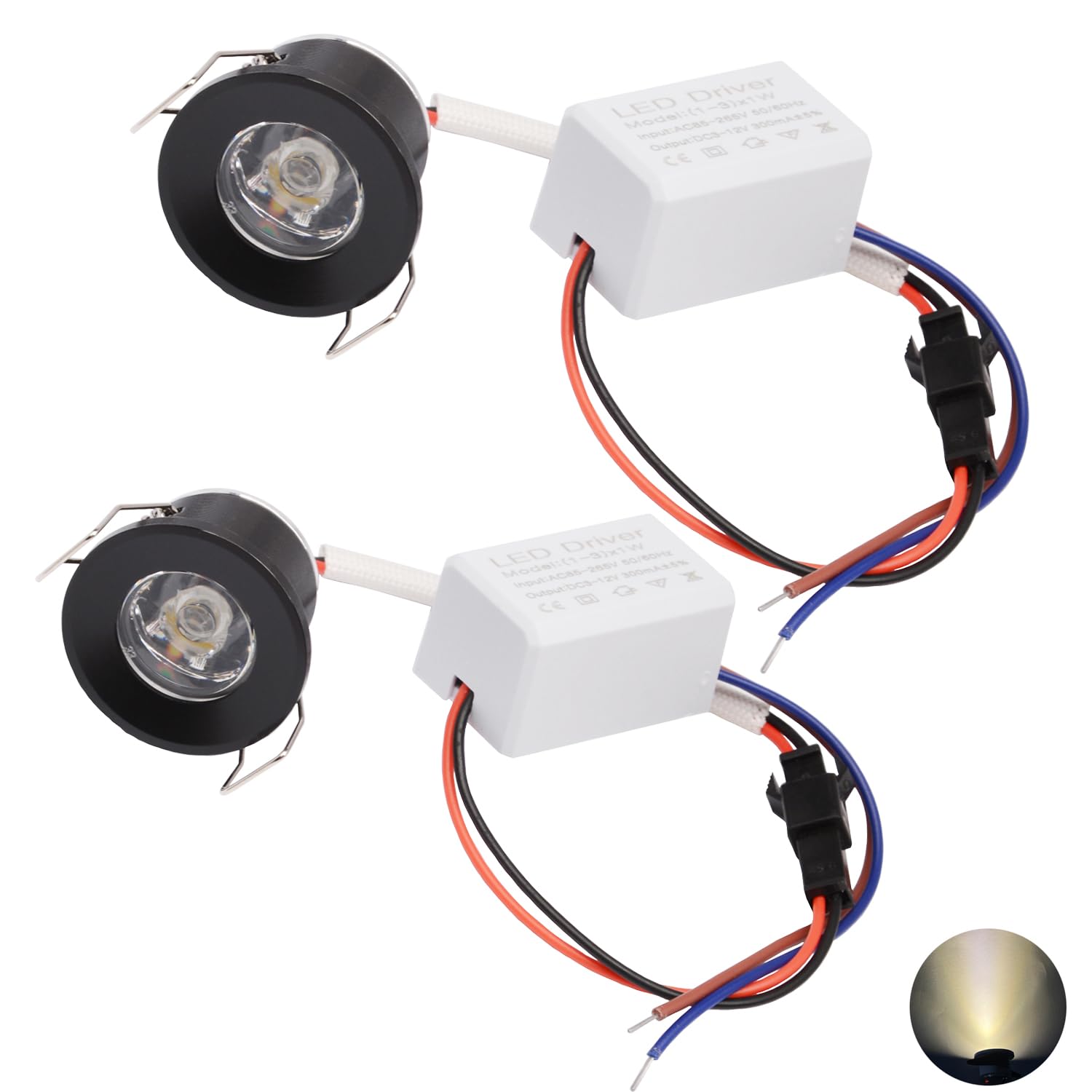 Scpopfer 2Pack 1W Mini Spotlights Indoor 1Inch Recessed Showcase Display Under-Cabinet Led Lights Fixture With Ac 110V/220V To 3-12V Power Supply Led Driver 3000K Warm-White Lighting Black-Shell