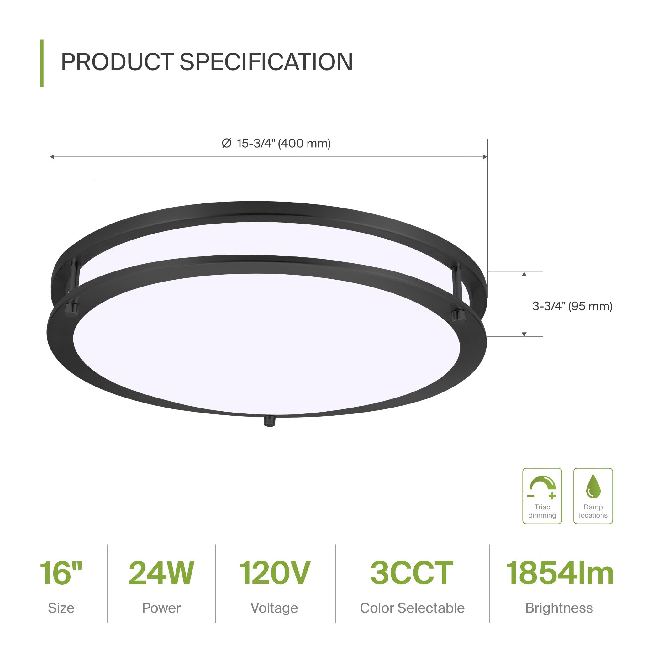 Asd Led 16 Inch Round Flush Mount Light Fixture | 24W 1900Lm 3000K-5000K 120V | 3Cct, Dimmable, Energy Star, Etl Listed | Close