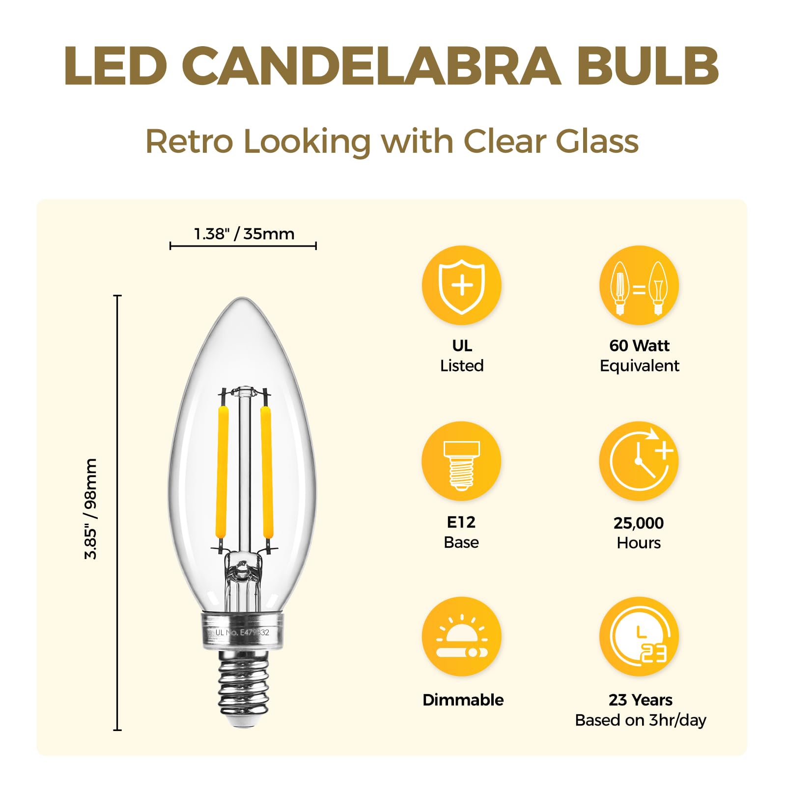 Hizashi E12 LED Candelabra Bulb, 60W Equivalent, Dimmable, Soft White 3000K, 6W, 550LM, Copper, 6 Pack