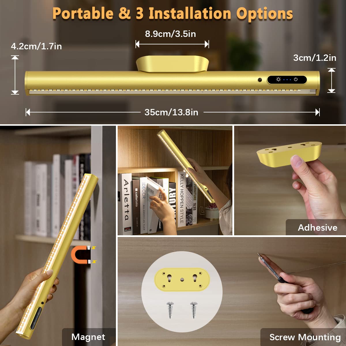bravzurg Rechargeable LED Light Bar with Remote, Dimmable, Wireless, Aluminum, Without Motion Sensor, Gold, Model YZYK350-GD03