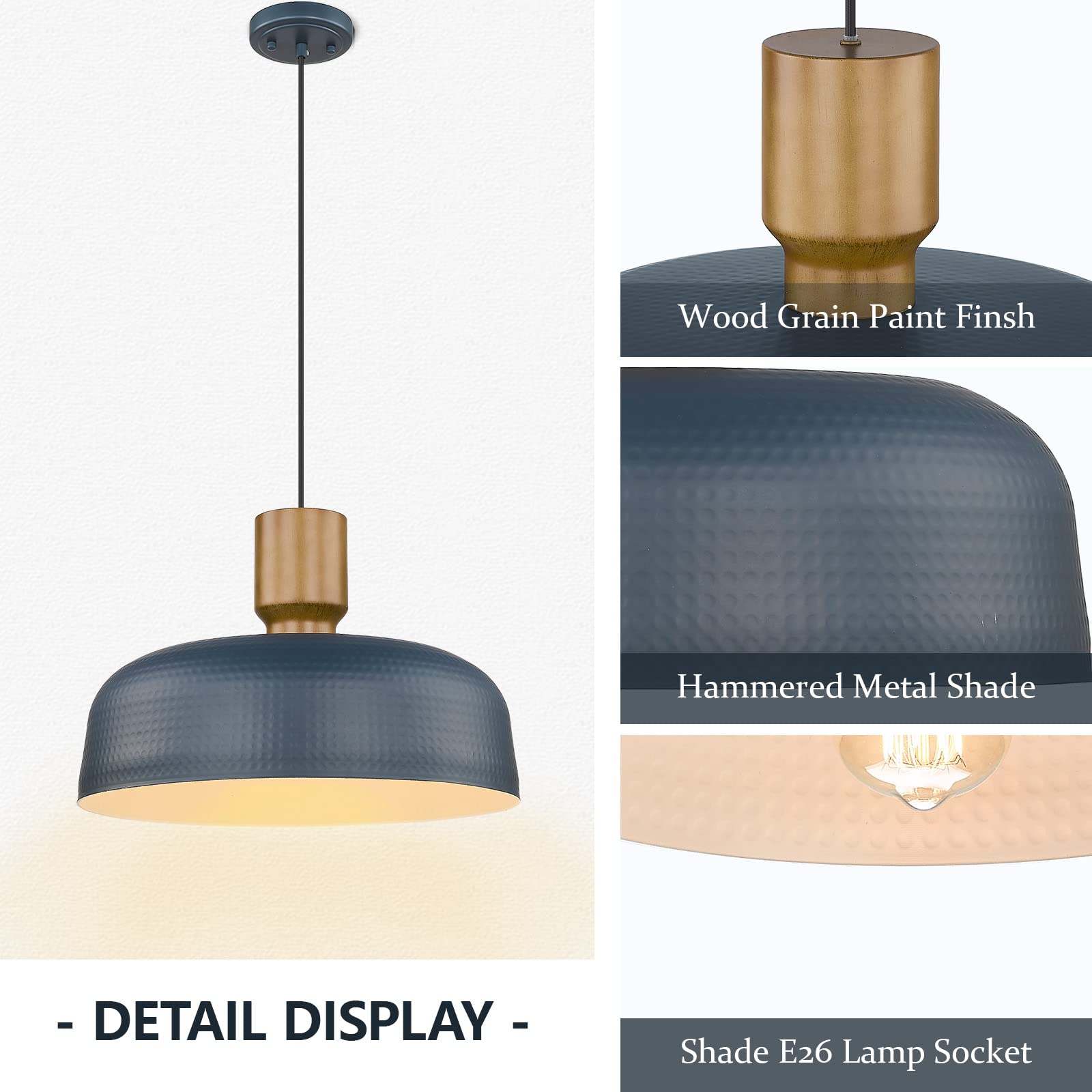 Darkaway Industrial Pendant Light Fixtures, Large 2 Pack, Hammered Metal Shade, Blue, 18.1" Adjustable Height for Kitchen Island